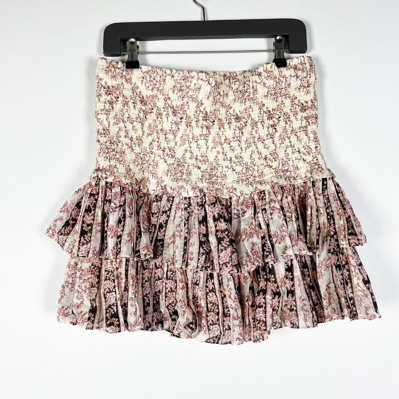 Isabel Marant Naomi Cotton Smocked Stretch Frill Ruffle Mini Skirt Pink Floral