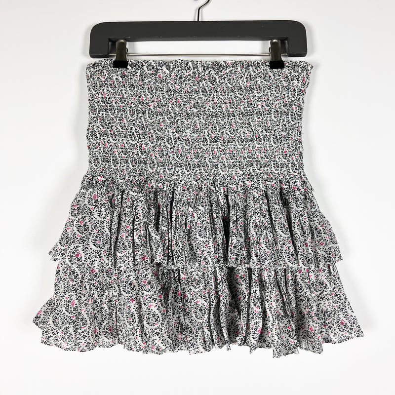 Isabel Marant Naomi Cotton Smocked Stretch Frill Ruffle Mini Skirt Black Floral