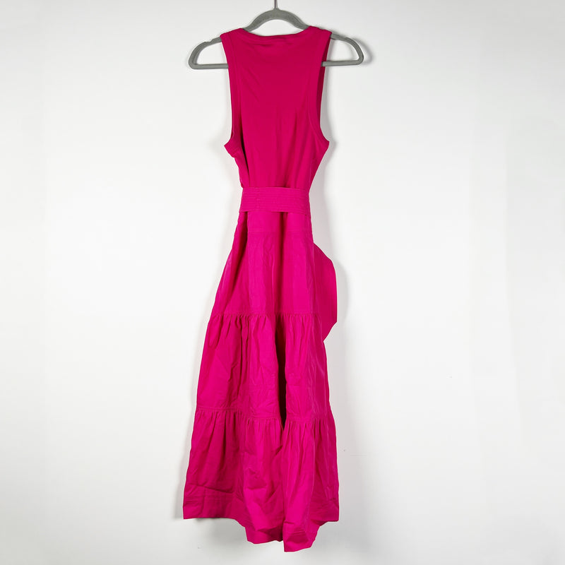 Veronica Beard Jean Austyn Cotton Poplin Ribbed Belted Tiered Midi Dress Fuchsia