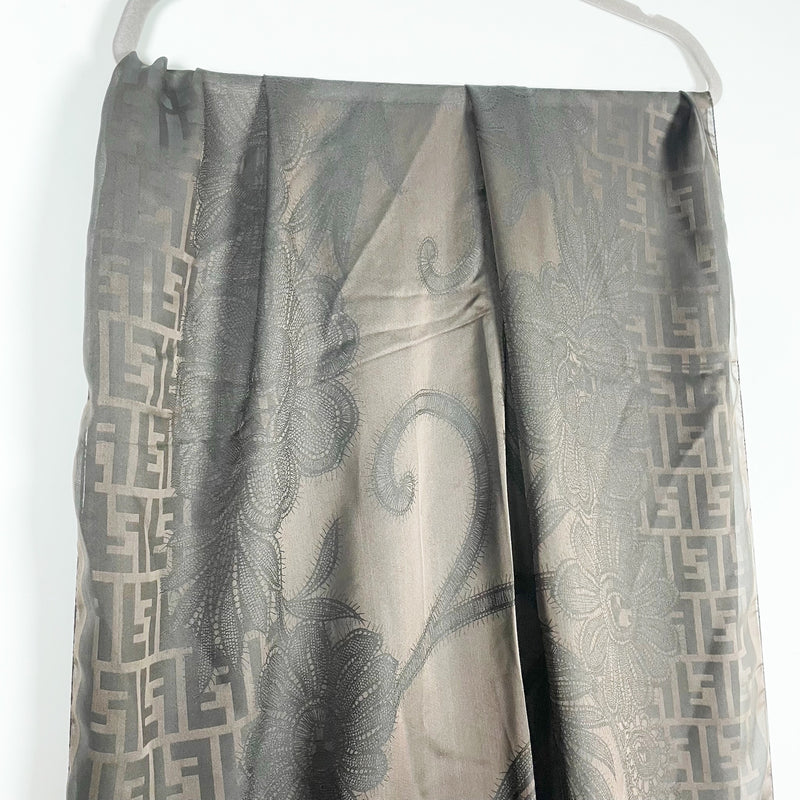 Fendi Made In Italy Silk Chiffon Logo Floral Flower Print Scarf Wrap Shawl Brown