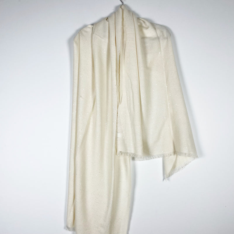 Brunello Cucinelli Cashmere Silk Blend Knit Paillette Sequin Scarf Wrap Pearl