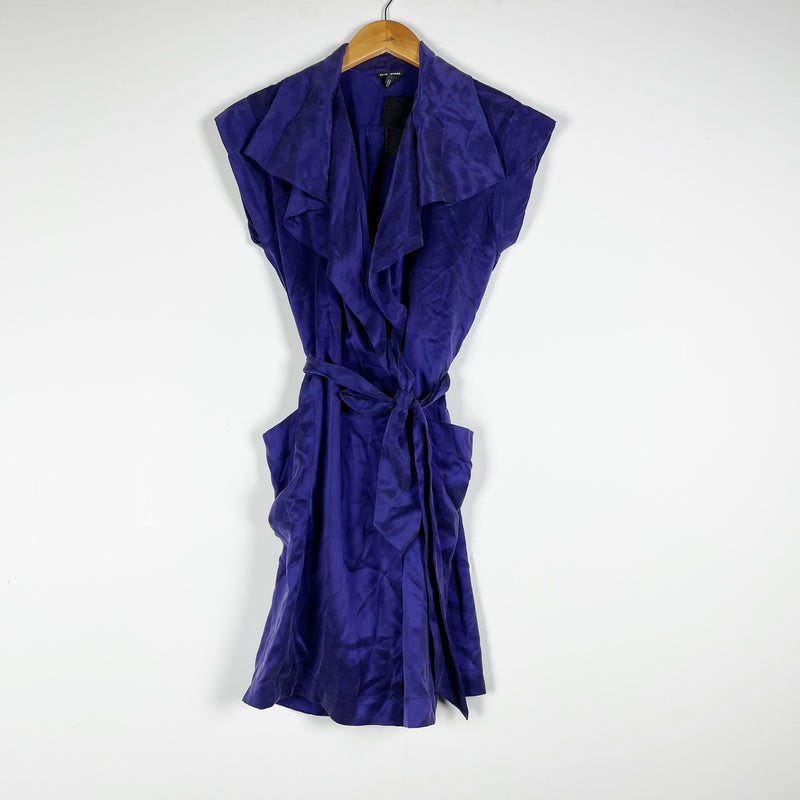 NEW Club Monaco Deb 100% Silk Waterfall Ruffle Collar Belted Mini Dress Violet 0