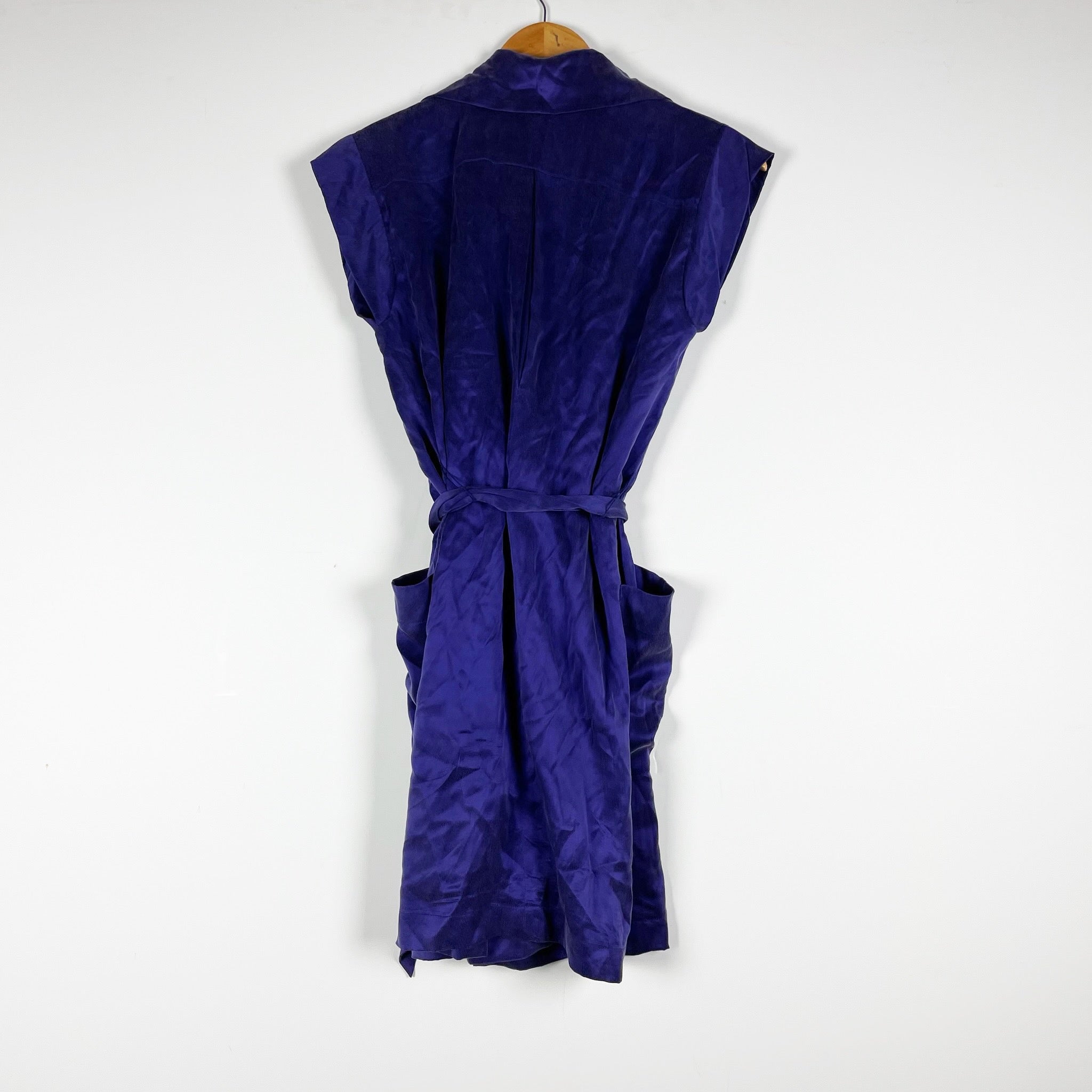 NEW Club Monaco Deb 100% Silk Waterfall Ruffle Collar Belted Mini Dress Violet 0