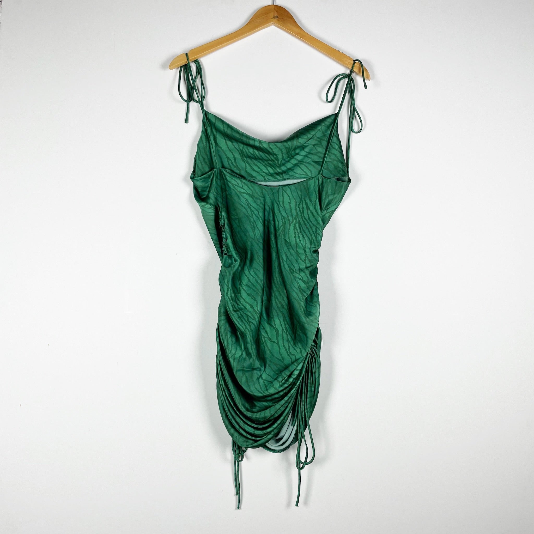 Lioness Palila Satin Forest Green Printed Ruched Draped Mini Party Dress XS