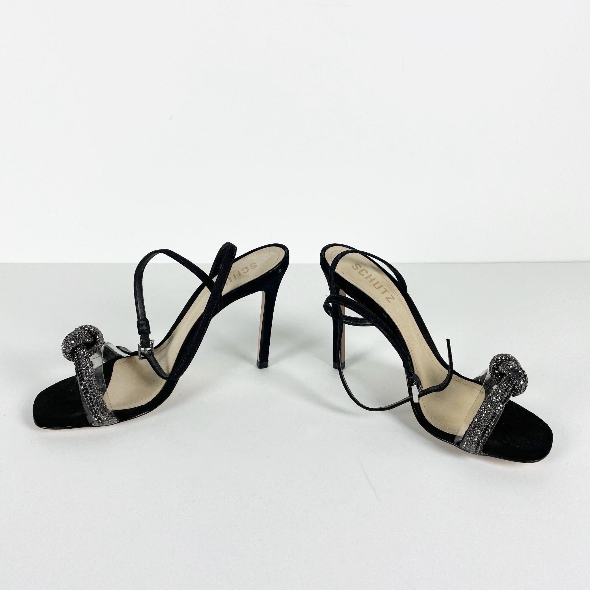 Schutz Peaky Nubuck Suede And Vinyl Crystal Rhinestone Knit High Heels Shoes 6