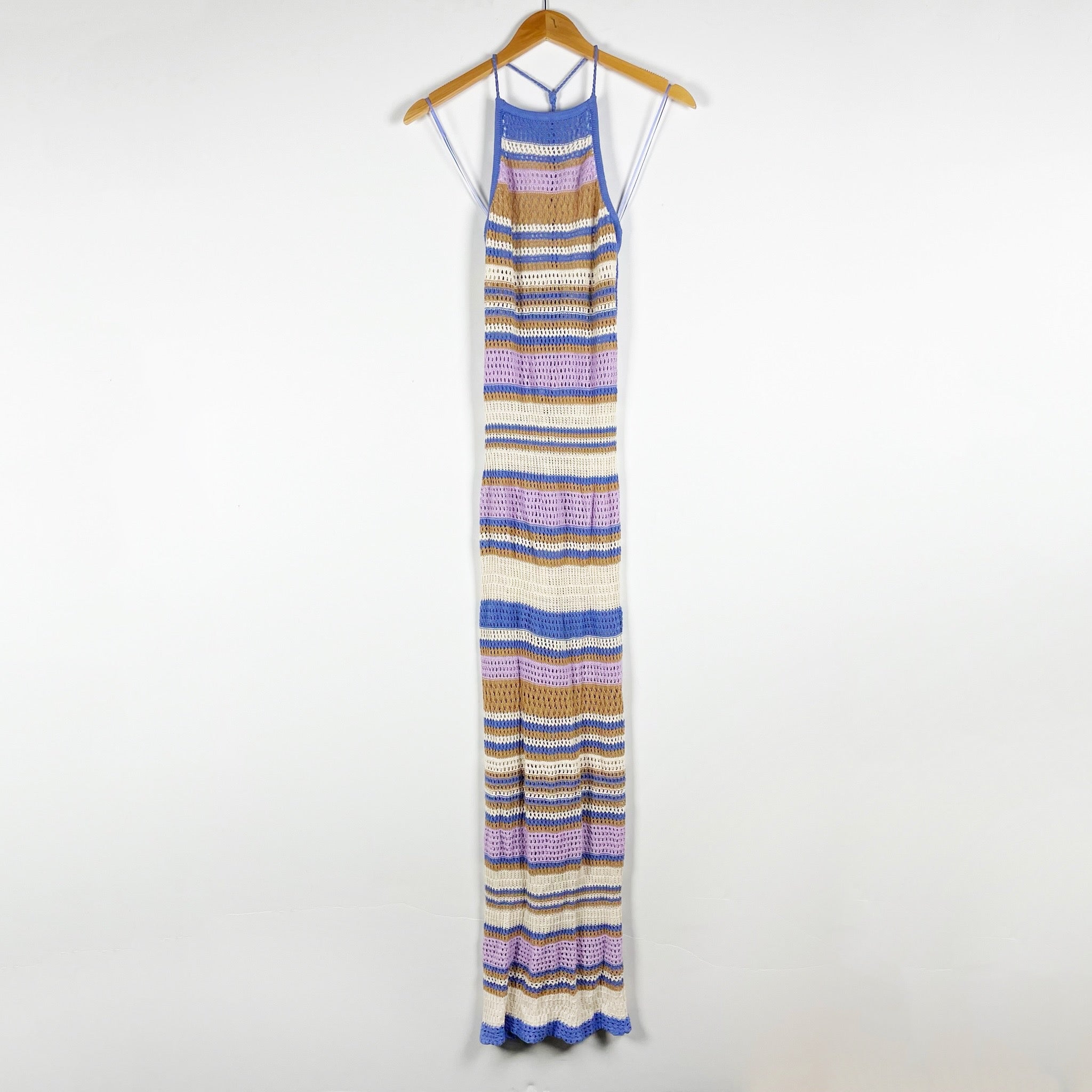 L*Space Allegra Cotton Crochet Knit Halter Neck Pullover Stripe Print Maxi Dress