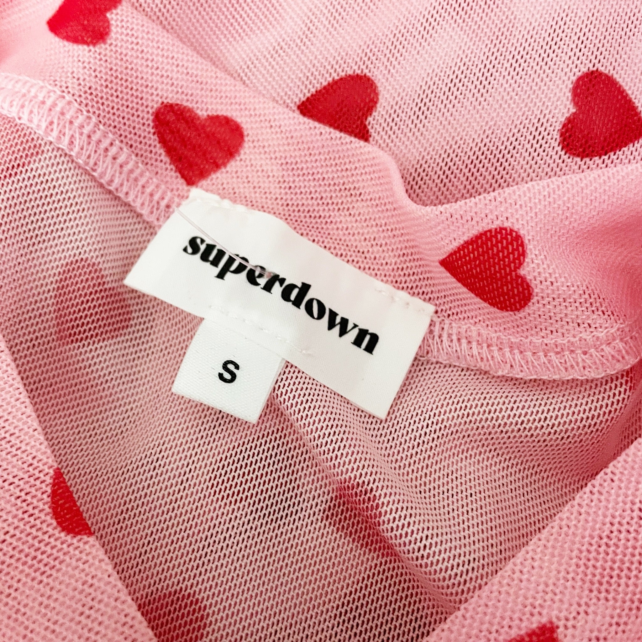 Superdown Tania Semi Sheer Mesh Cropped Short Sleeve Pink Heart Print Shirt S
