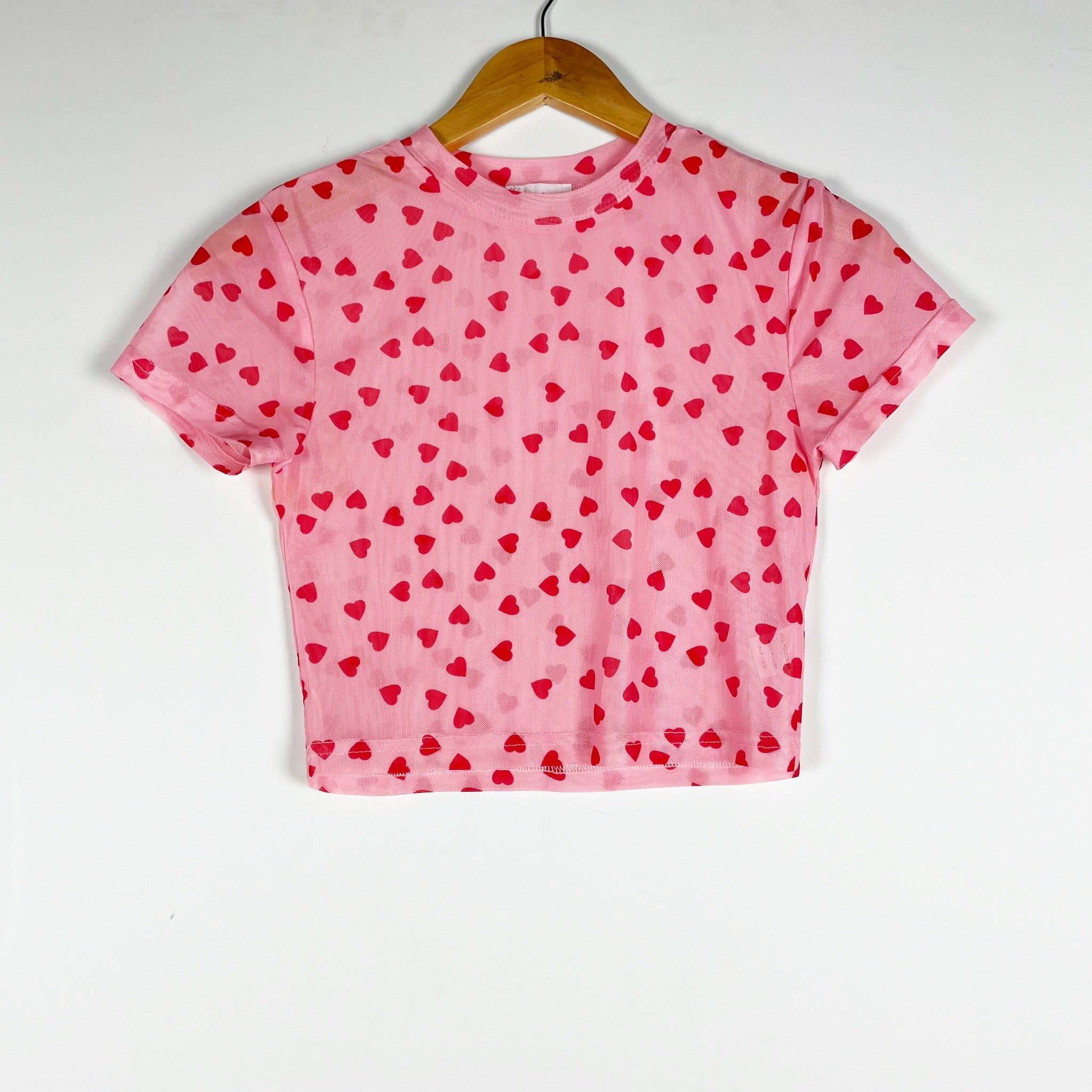 Superdown Tania Semi Sheer Mesh Cropped Short Sleeve Pink Heart Print Shirt S