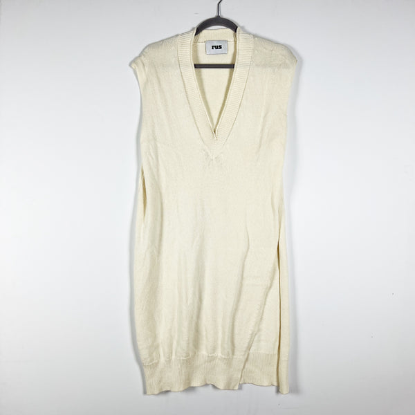 Rus Cotton Crepe Knit Stretch Deep V Neck Sleeveless Pullover Side Slit Sweater