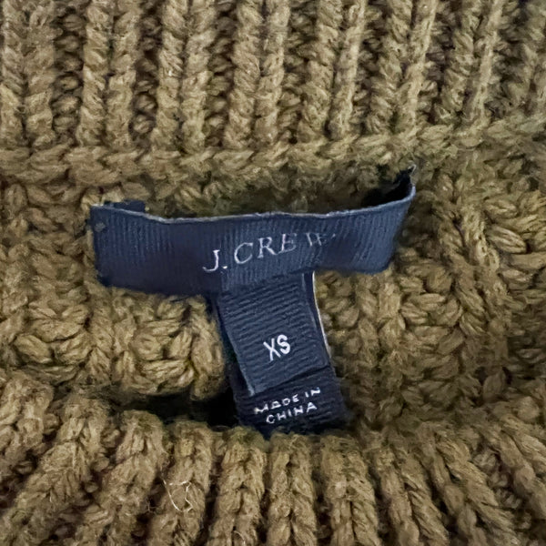 J. Crew Cotton Wool Blend Stretch Knit Cableknit Side Slit Fringe Sweater Green