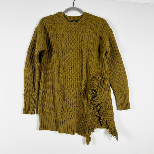 J. Crew Cotton Wool Blend Stretch Knit Cableknit Side Slit Fringe Sweater Green