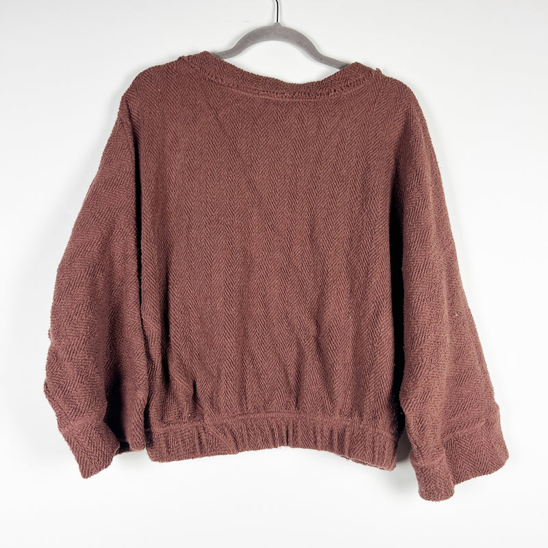 NEW Free People Beach Cotton Terry V Neck Oversized Pullover Sweater Dark Brown