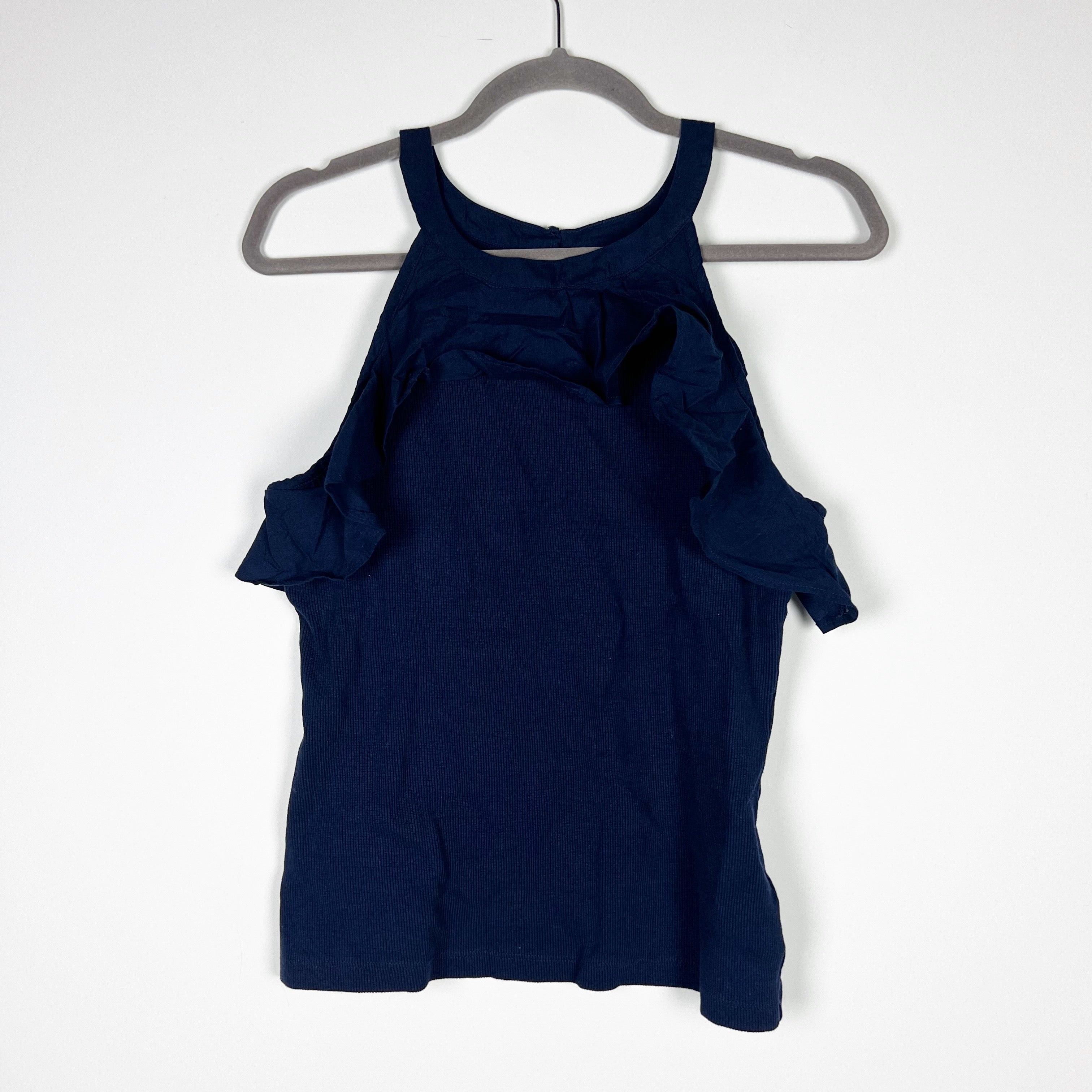 NEW Maeve Anthropologie Ruffled Rib Halter Tank Sleeveless Cotton Stretch Blue M