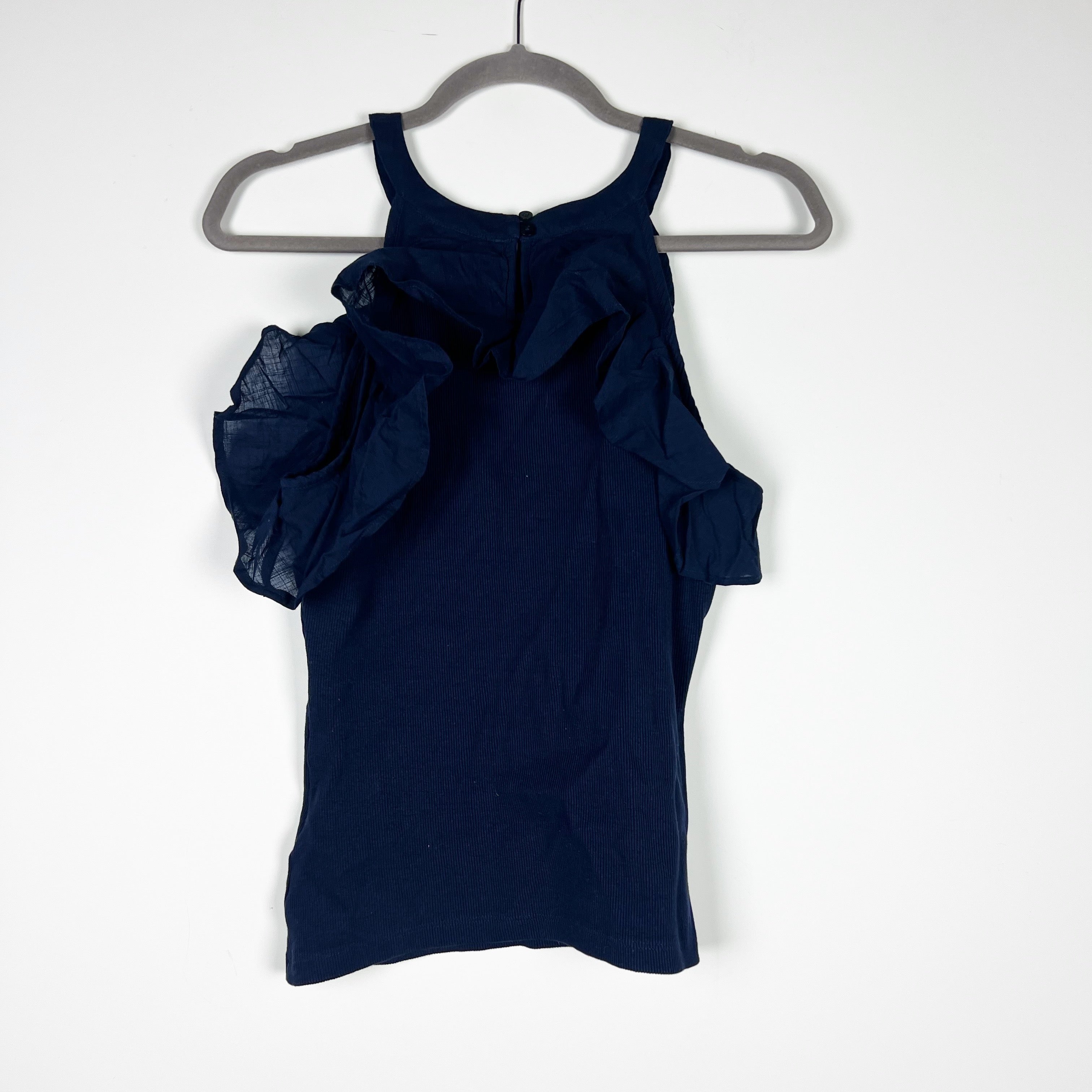 NEW Maeve Anthropologie Ruffled Rib Halter Tank Sleeveless Cotton Stretch Blue M