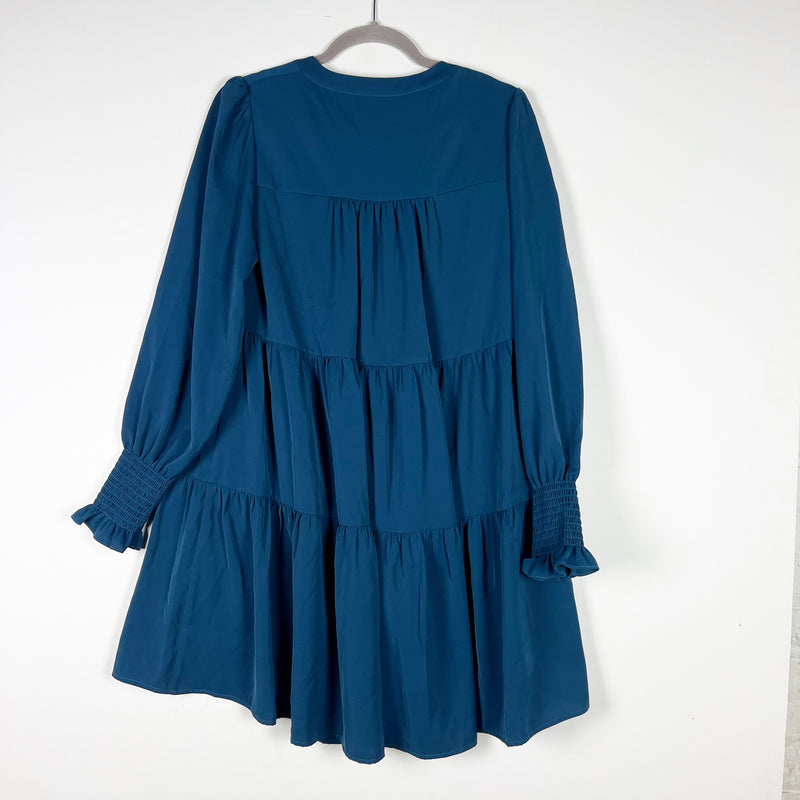 NEW O.P.T Bay Smocked Long Sleeve Tiered Pullover Mini Dress Teal Blue XS