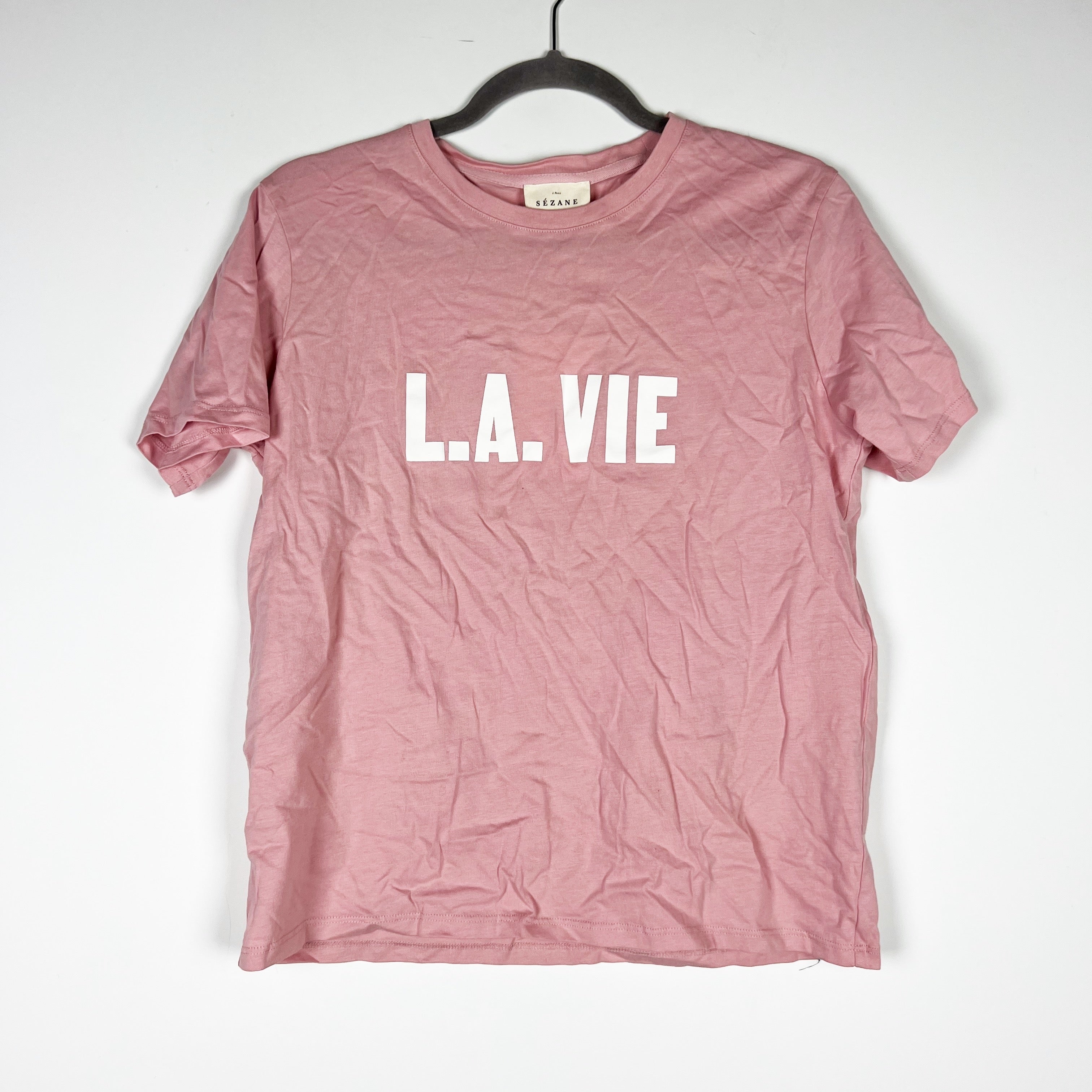 NEW Sezane L.A. Vie Graphic Print Cotton Crew Neck Short Sleeve Tee Shirt Rose S