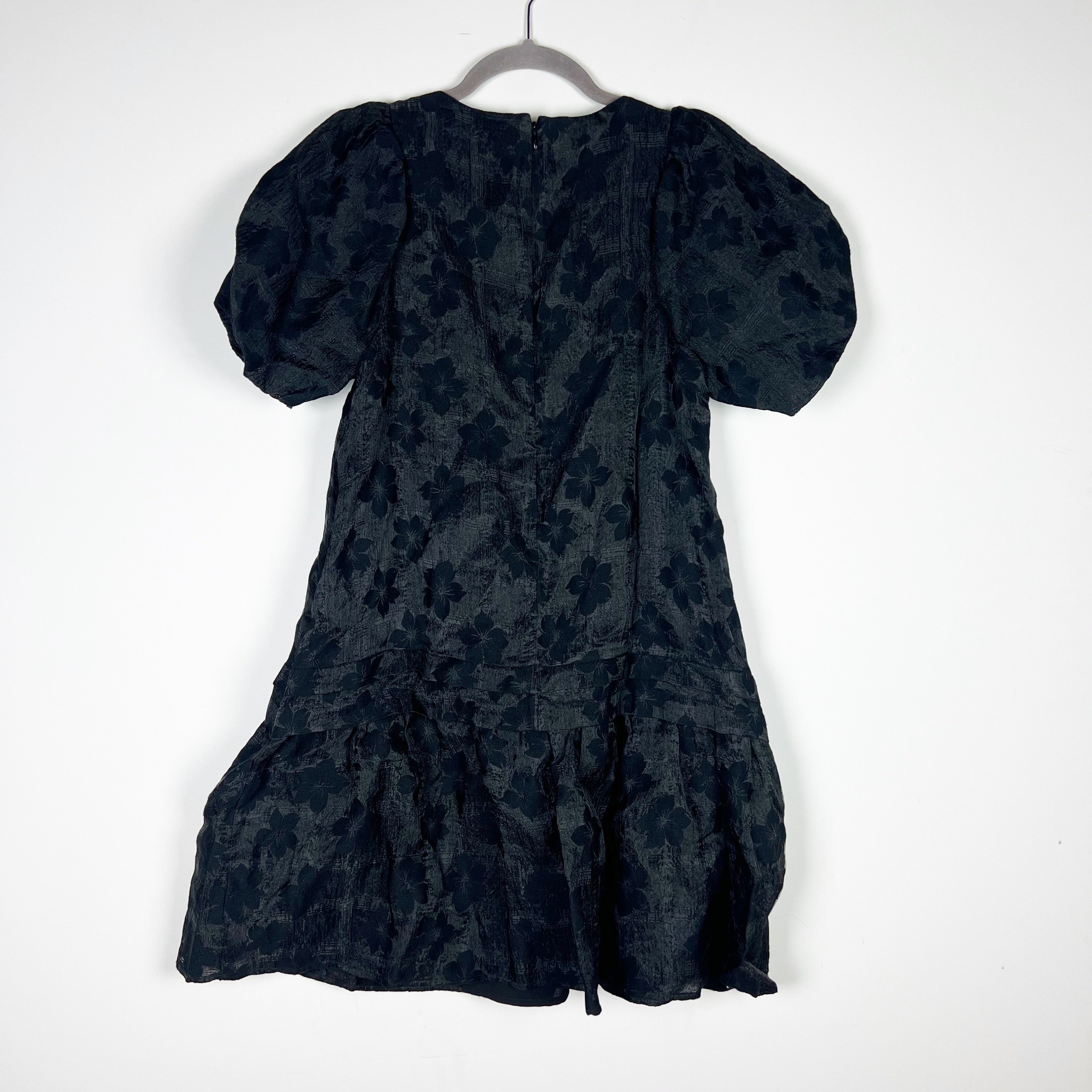 NEW Madewell Puff Sleeve Pleated Mini Dress In Floral Jacquard Print Black Small
