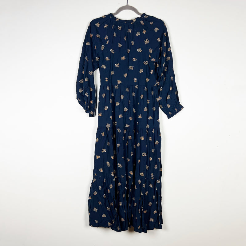 NEW Madewell Challis Deep Indigo Floral Flower Print Pattern Tiered Maxi Dress S