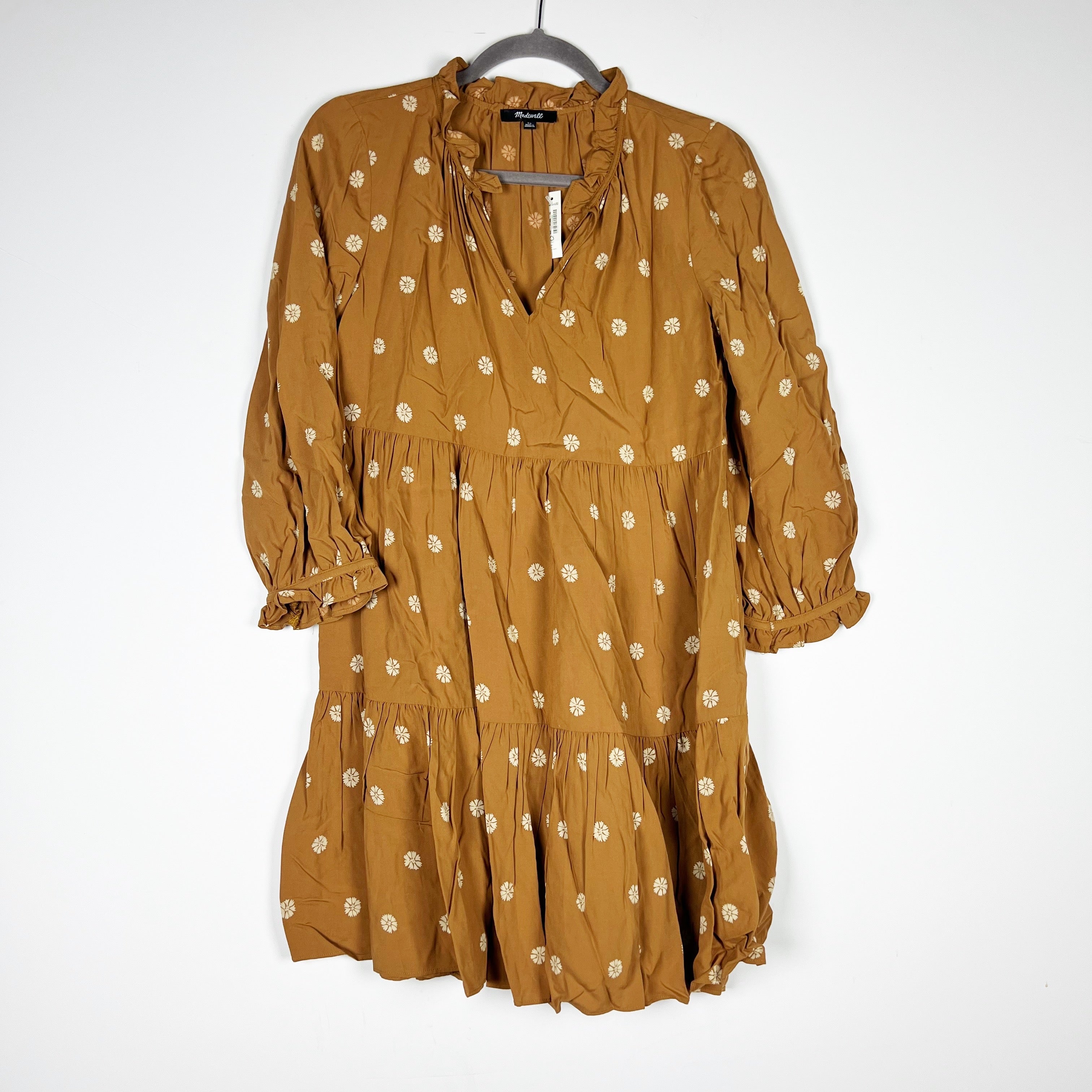 NEW Madewell Tie Neck Tiered Pullover Warm Hickory Floral Flower Print Dress XS