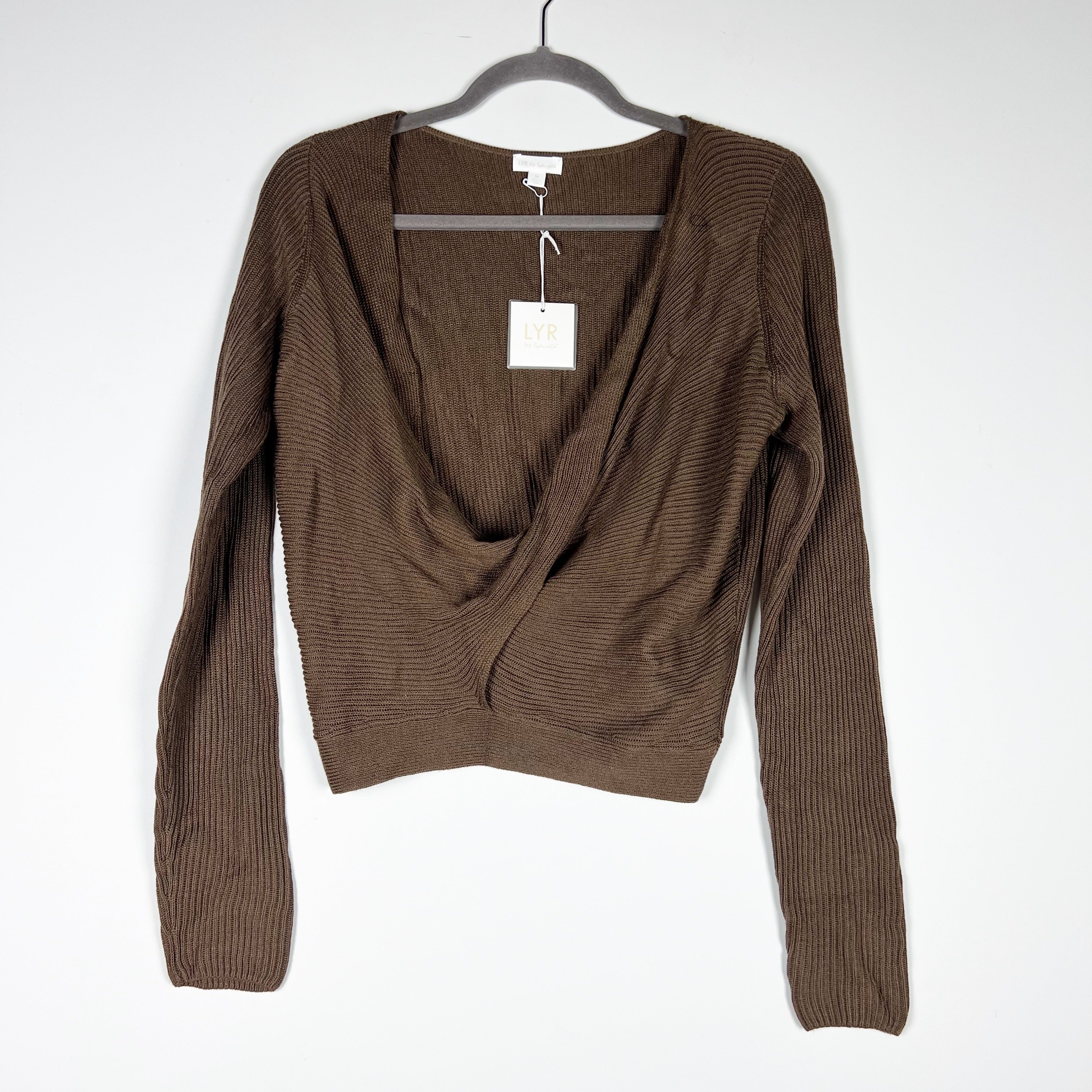 NEW LYR By Splendid Loopknit Surplice Twist Front Knit Pullover Sweater Brownie