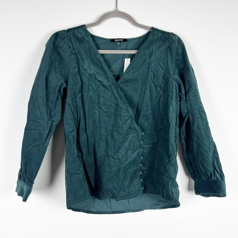 NEW Madewell Kinston Corduroy Velvet Side Button Long Sleeve Wrap Top Green XS