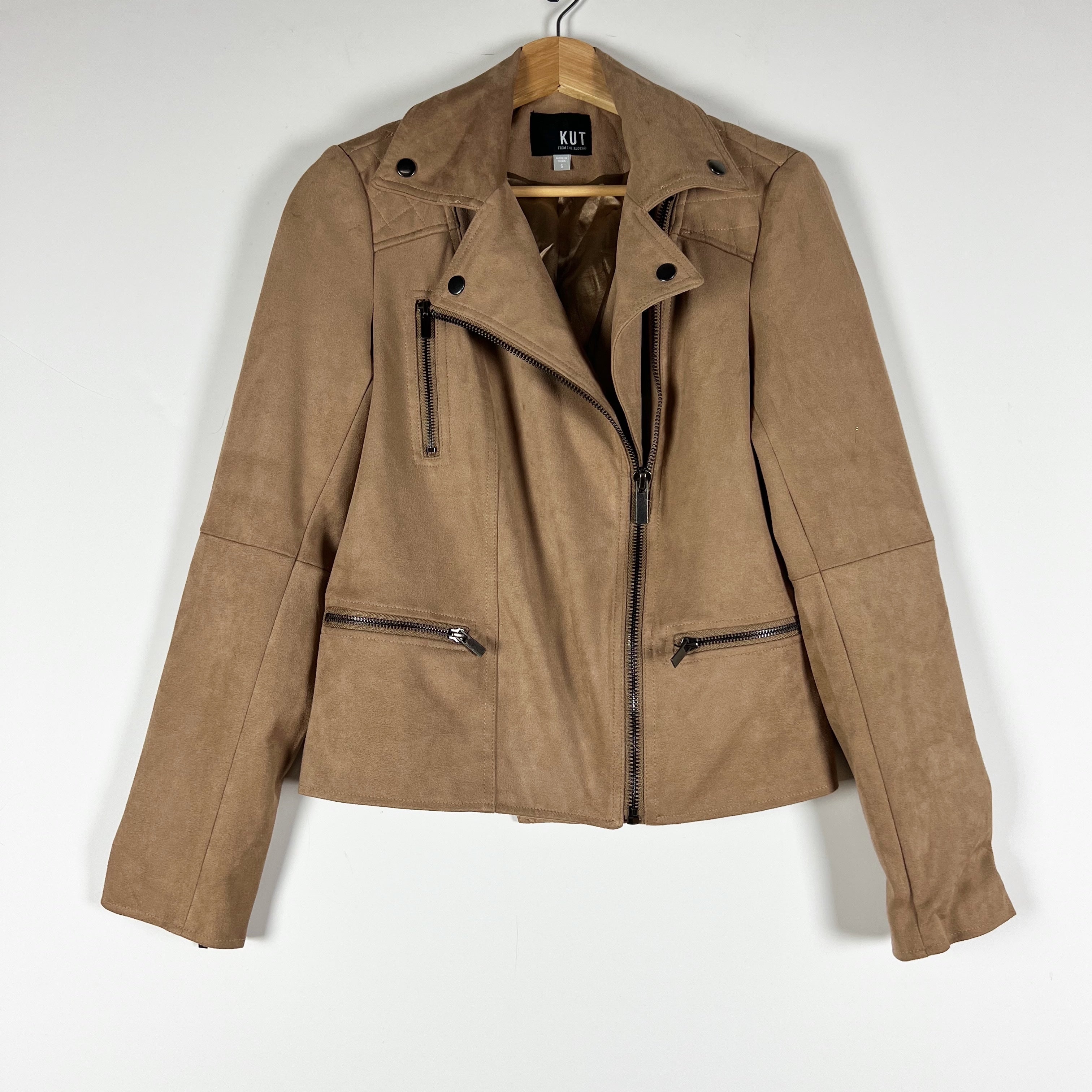 Kut From The Kloth Faux Vegan Suede Collared Moto Jacket Beige Brown Small