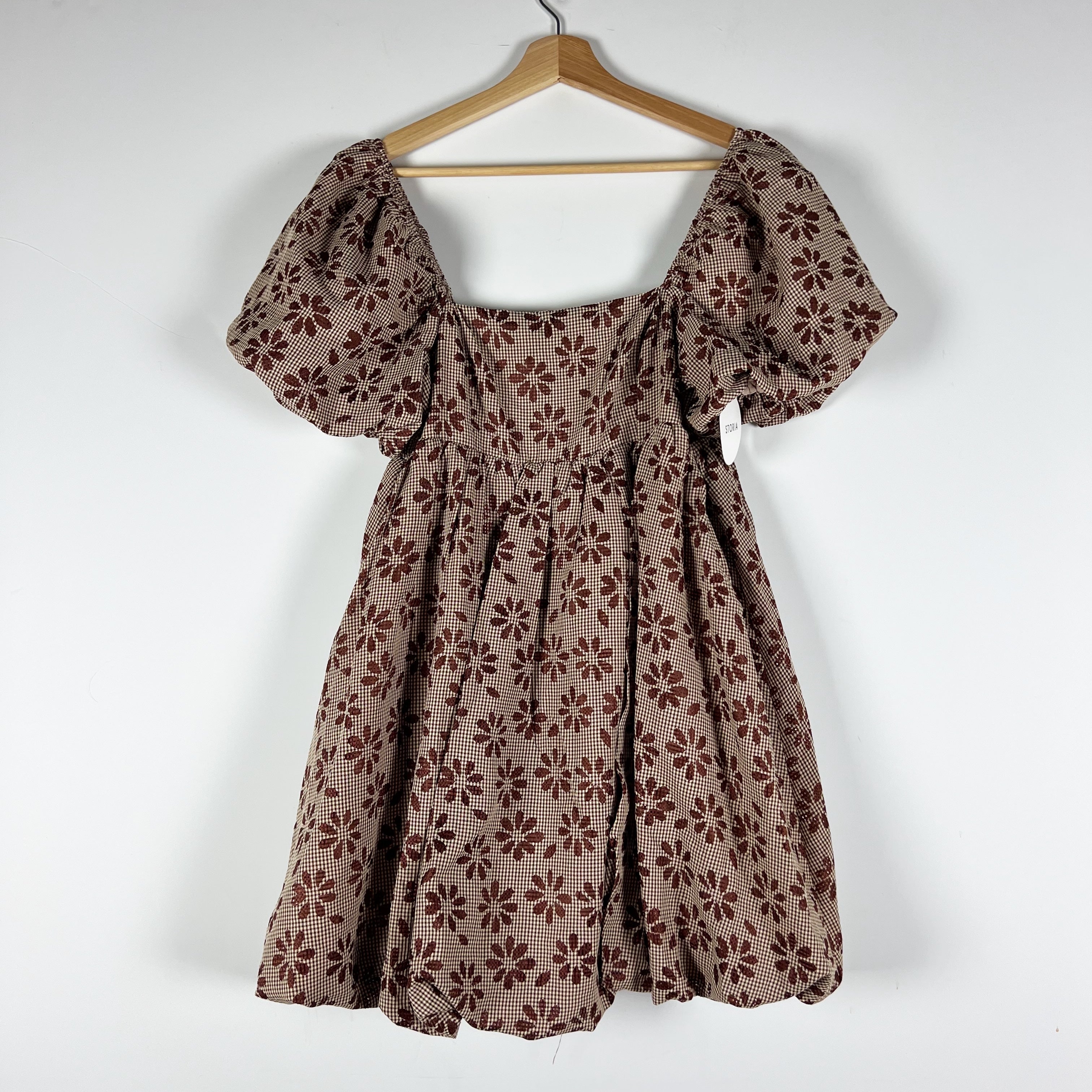NEW Storia Short Puff Sleeve Square Neck Floral Daisy Bubble Hem Mini Dress M
