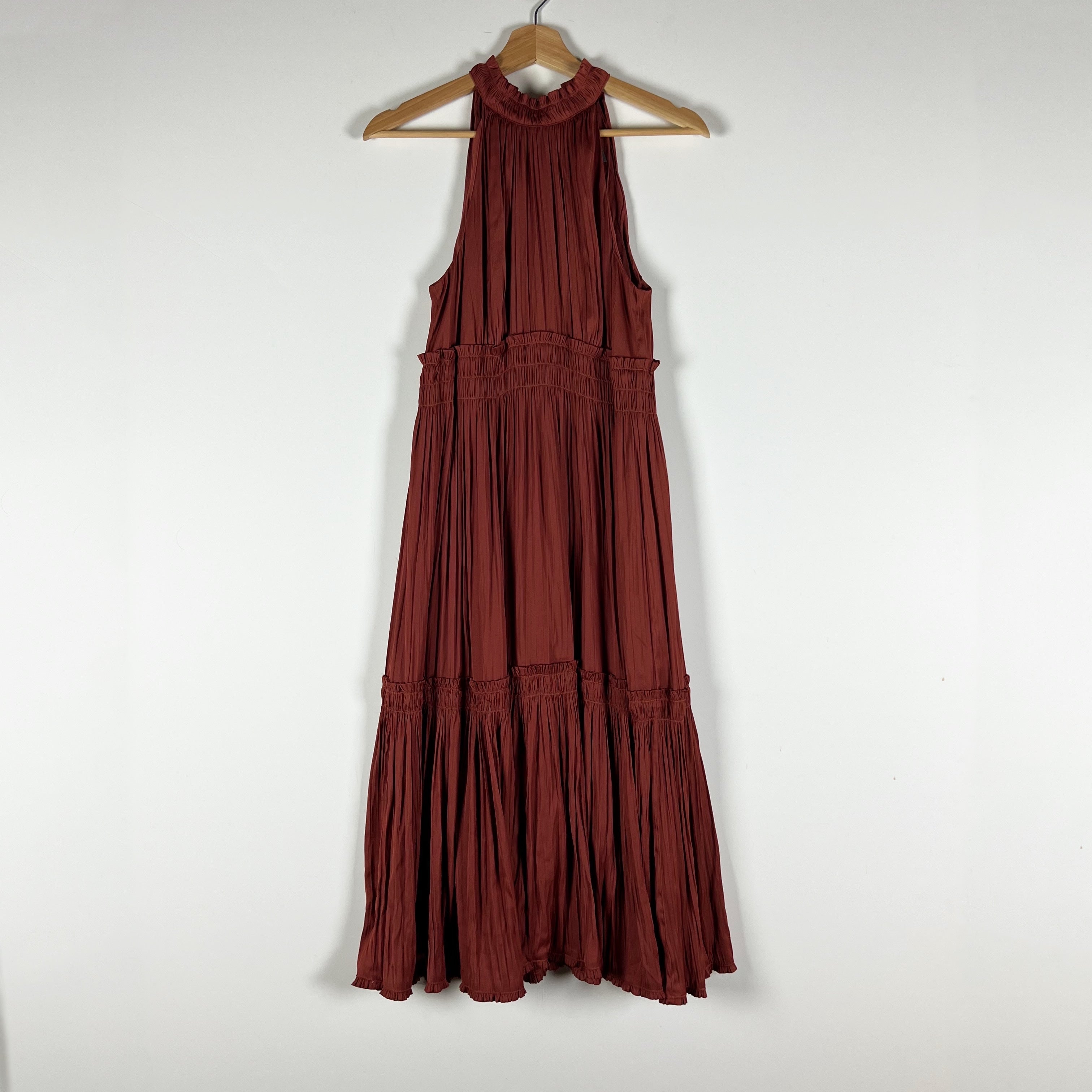 NEW Anthropologie Tiered Satin Halter Sleeveless Pullover Midi Dress Copper 6P