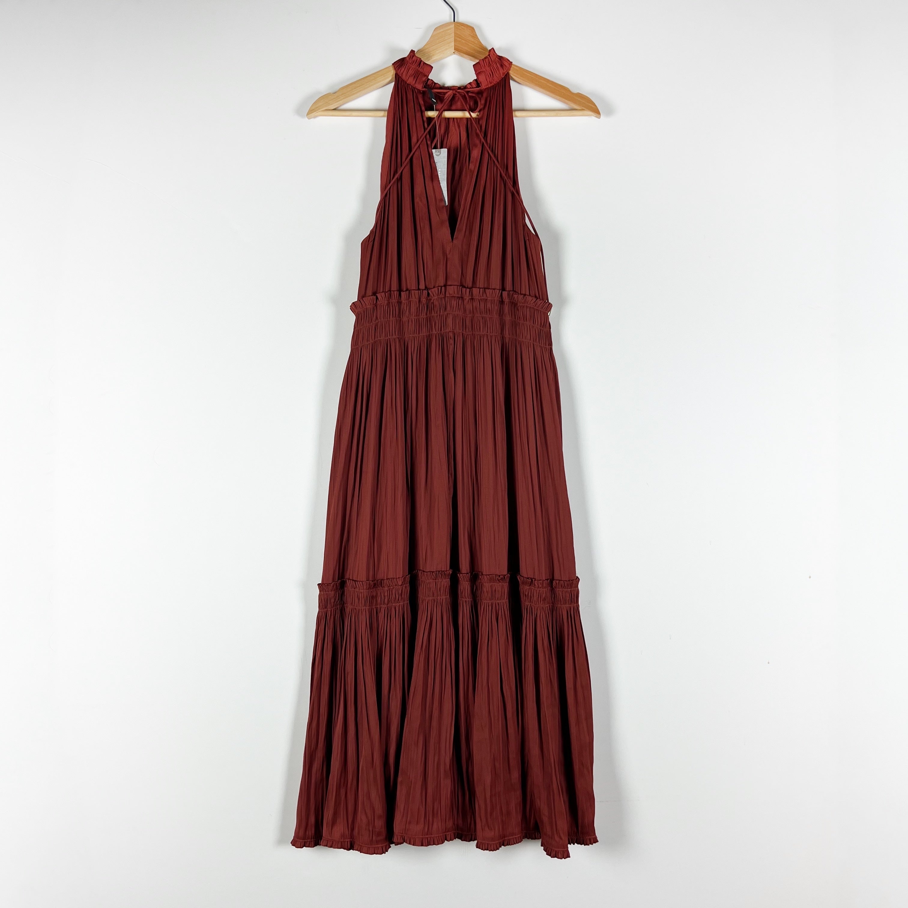 NEW Anthropologie Tiered Satin Halter Sleeveless Pullover Midi Dress Copper 6P