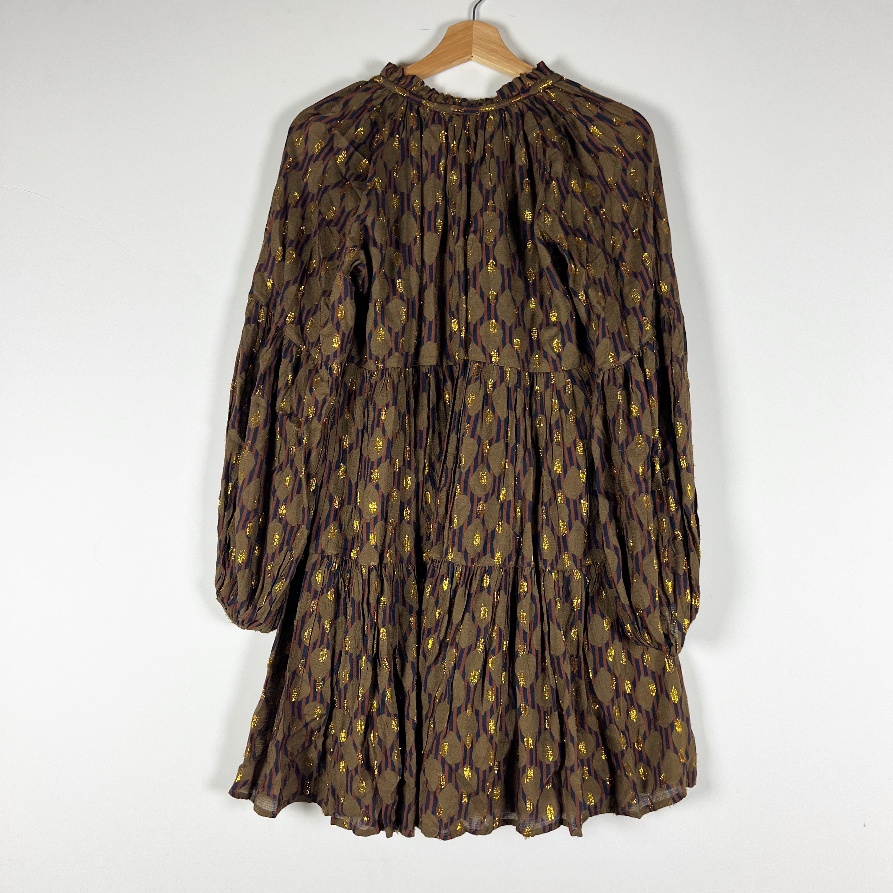 NEW Oliphant Fig Balloon Sleeve Chiffon Tiered Pullover Mini Dress Metallic XS