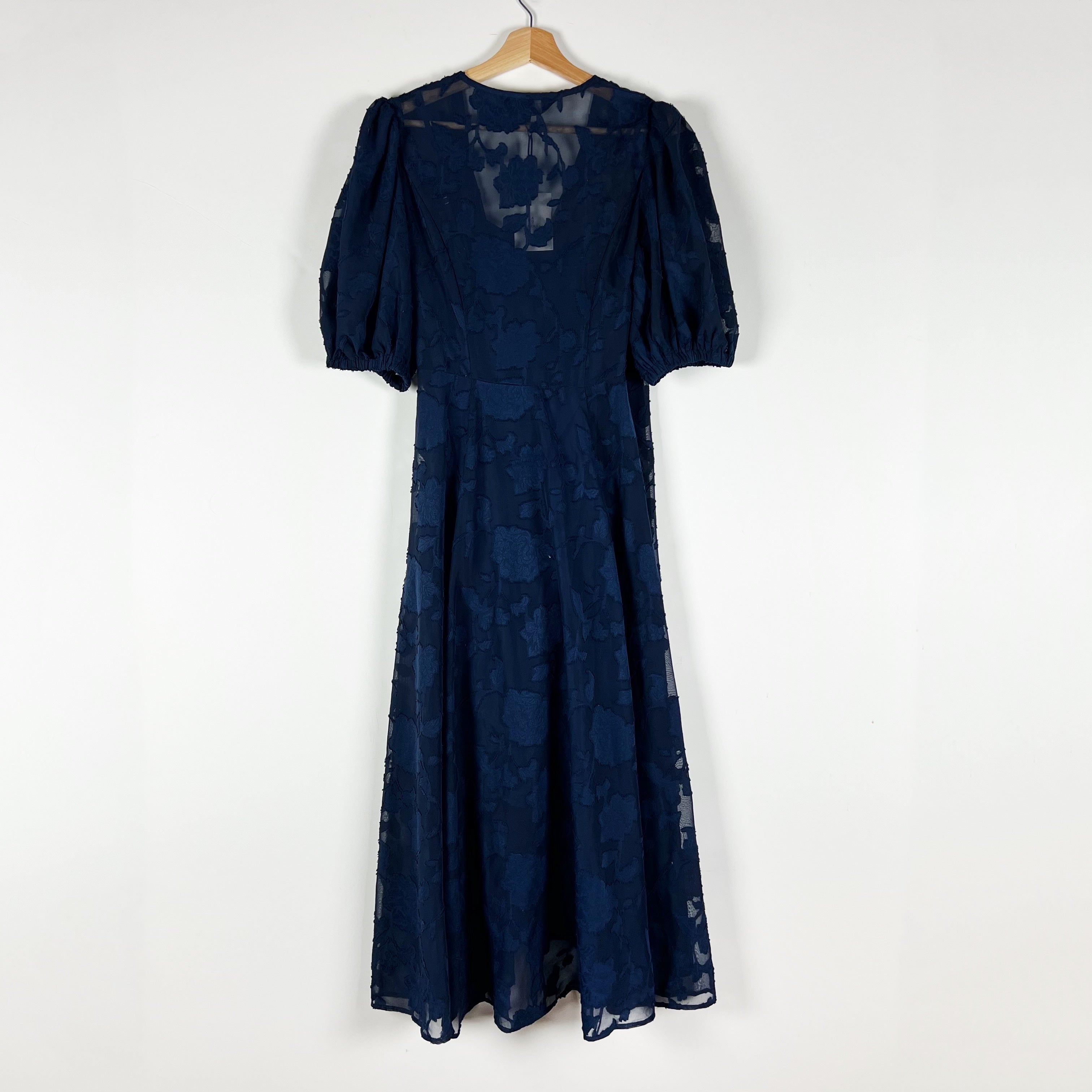 NEW Abbey Glass Diane Floral Flower Burn Out Wrap Midi Dress Navy Blue Chiffon S