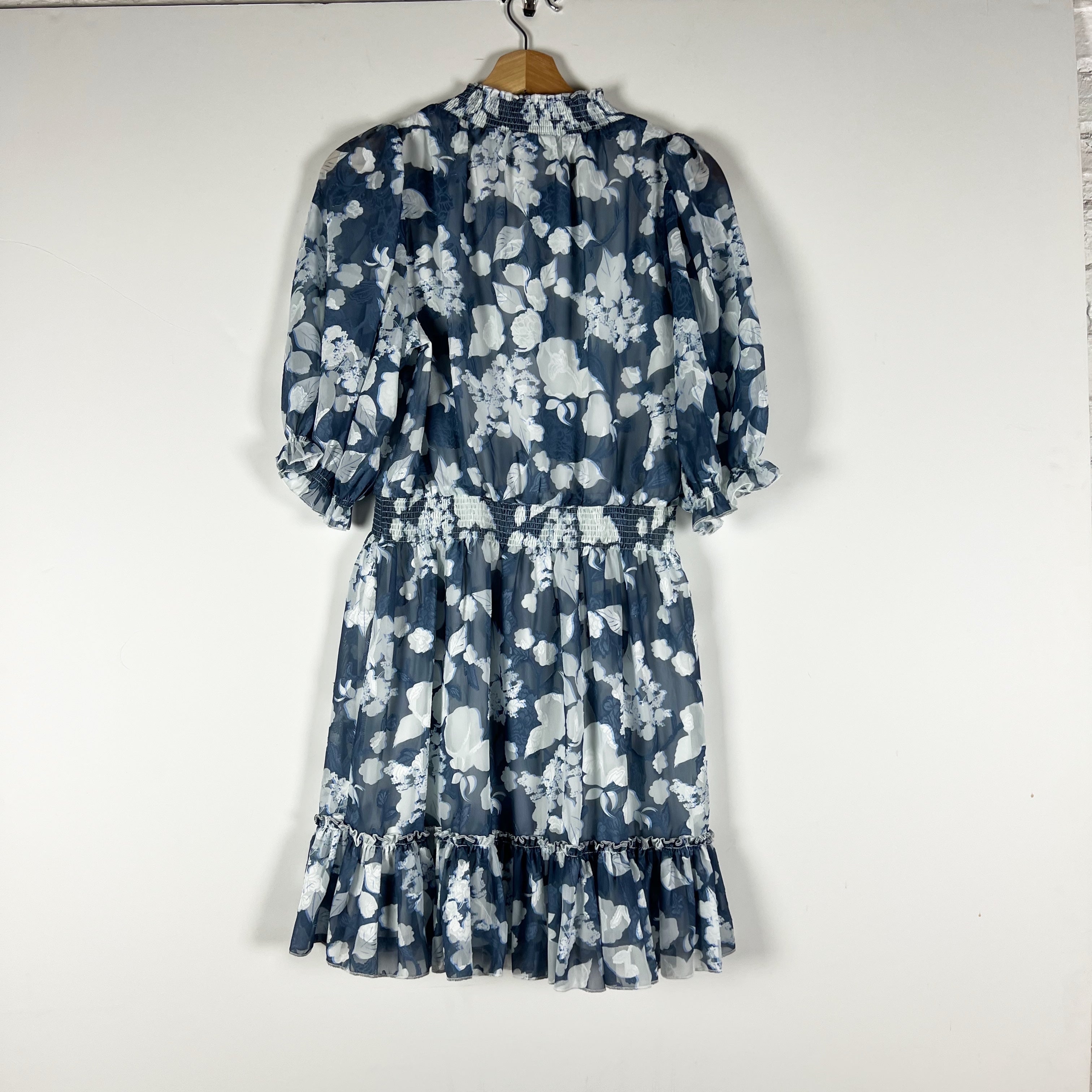 NEW Abbey Glass Bennett Blue White Floral Flower Smocked Chiffon Mini Dress S