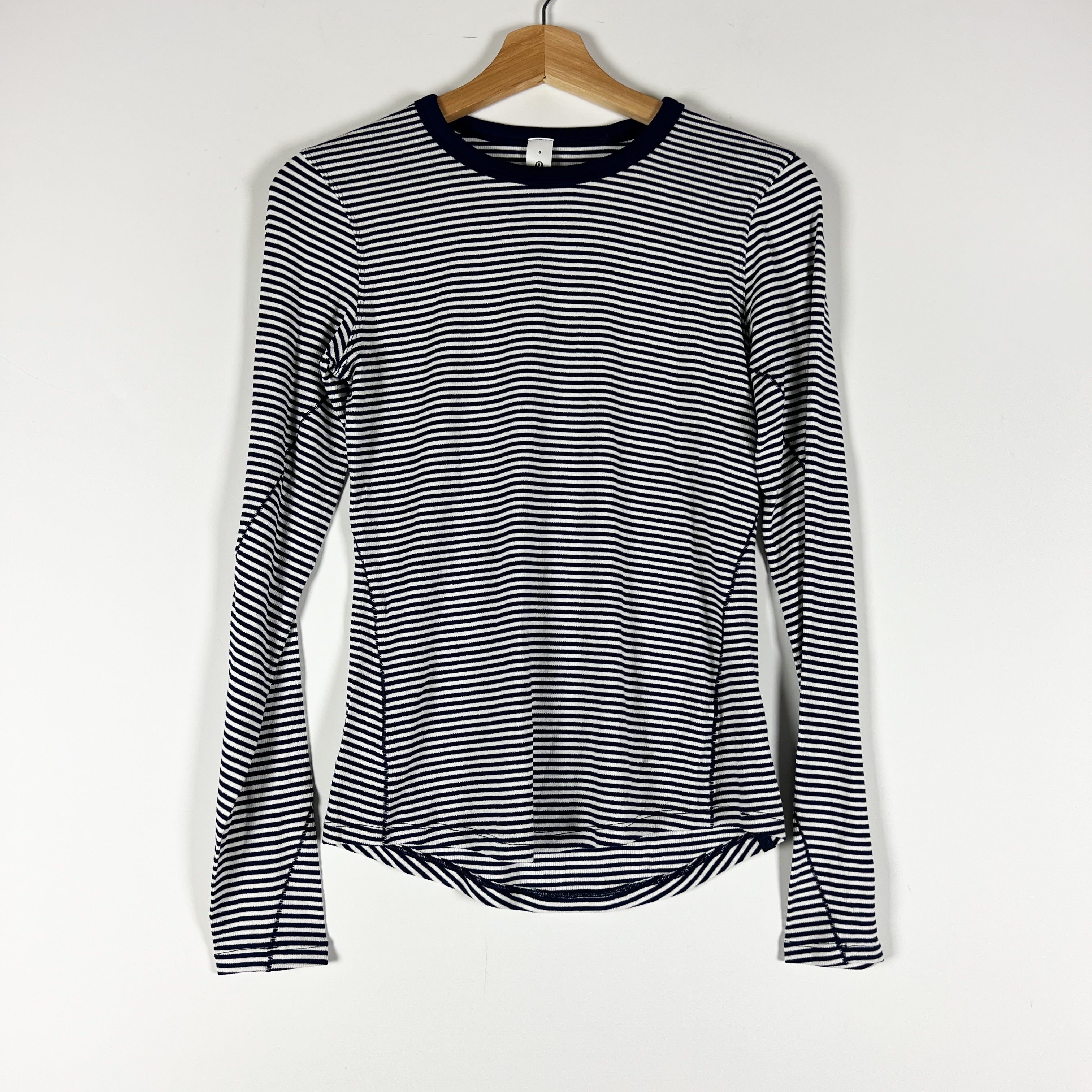 Lululemon Women's Hold Tight Long-Sleeve Shirt Minute Stripe White Club Blue 6