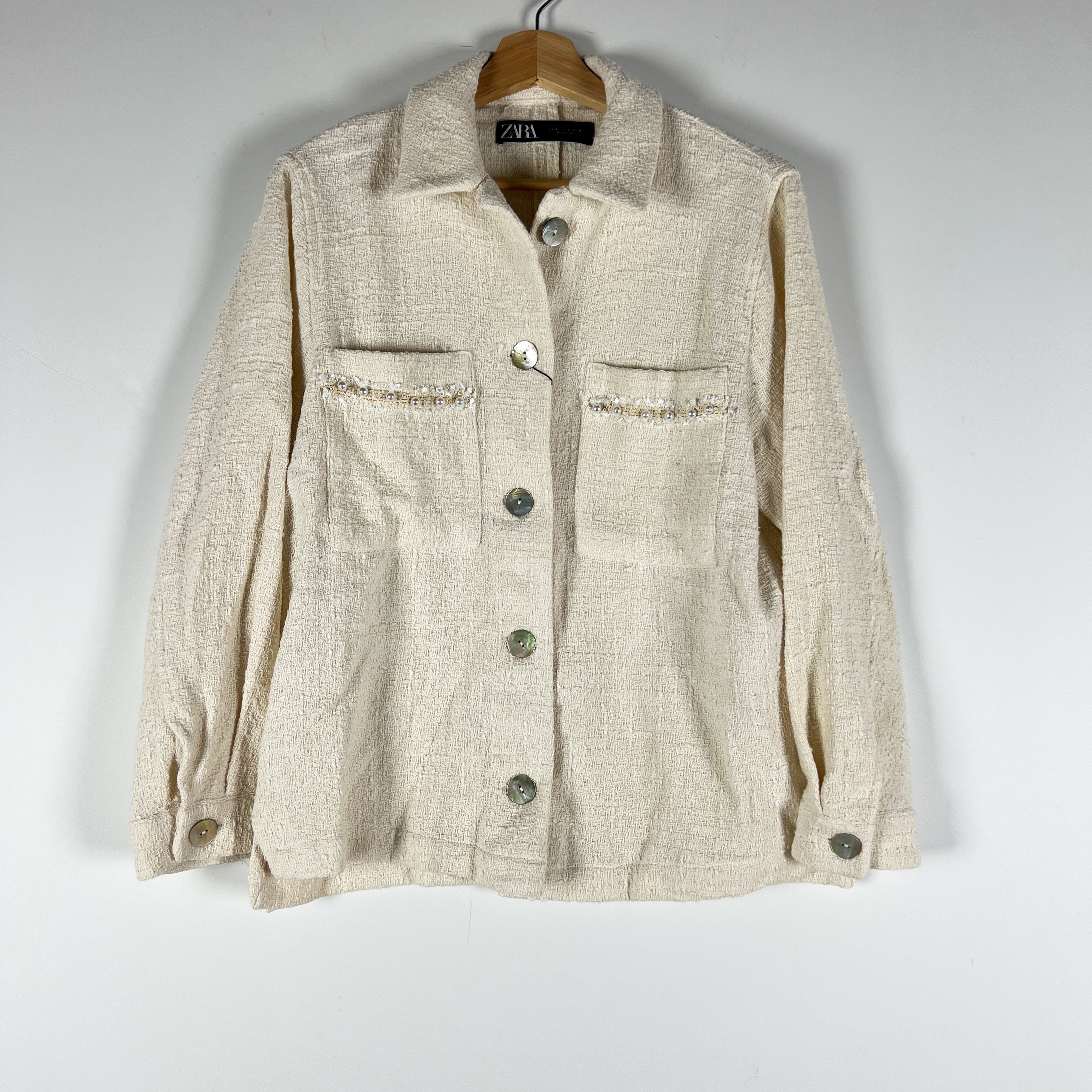 NEW Zara Tweed Boucle Woven Textured Pearl Detail Mother Of Pearl Button Jacket