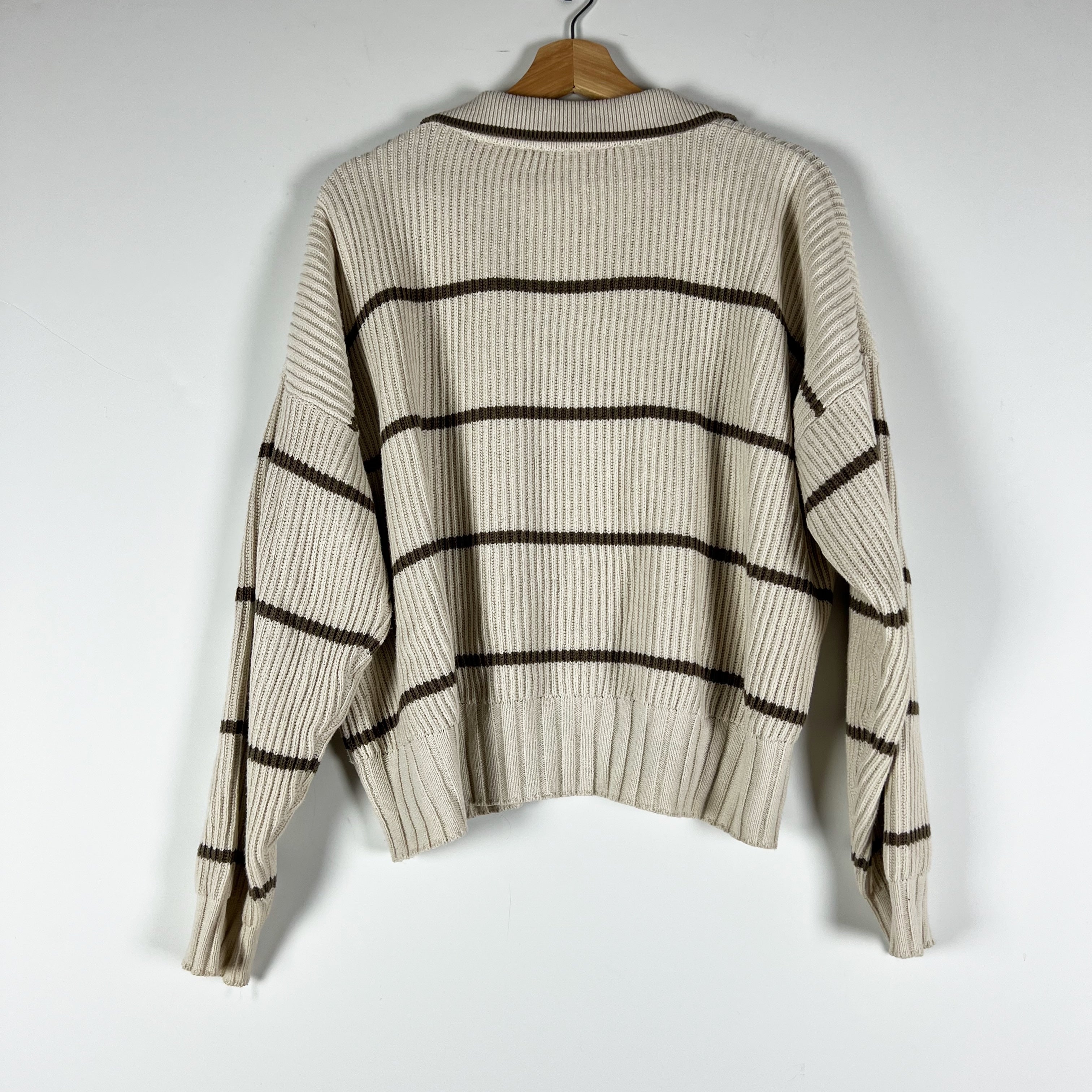 Splendid x Cella Jane Cotton Blend Stretch Knit Stripe Polo Sweater Beige Ivory