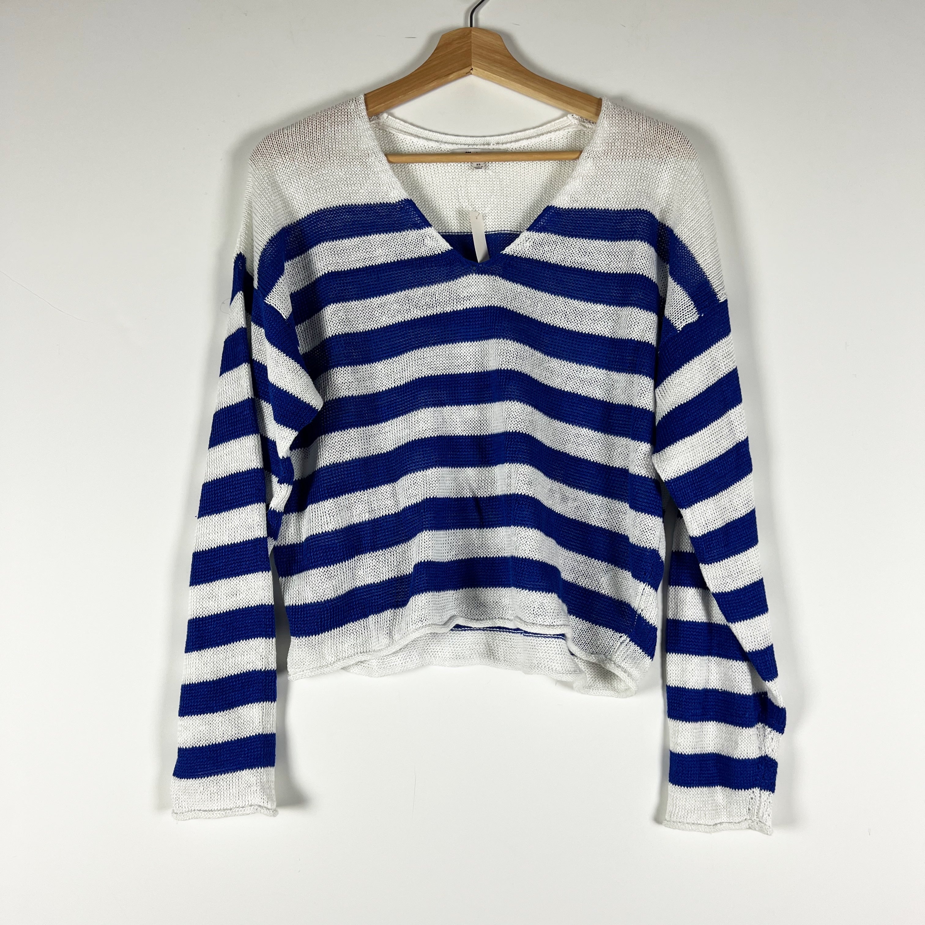 NEW Madewell Linen Knit Stretch V-Neck Pullover Sweater Sapphire Stripe White XS