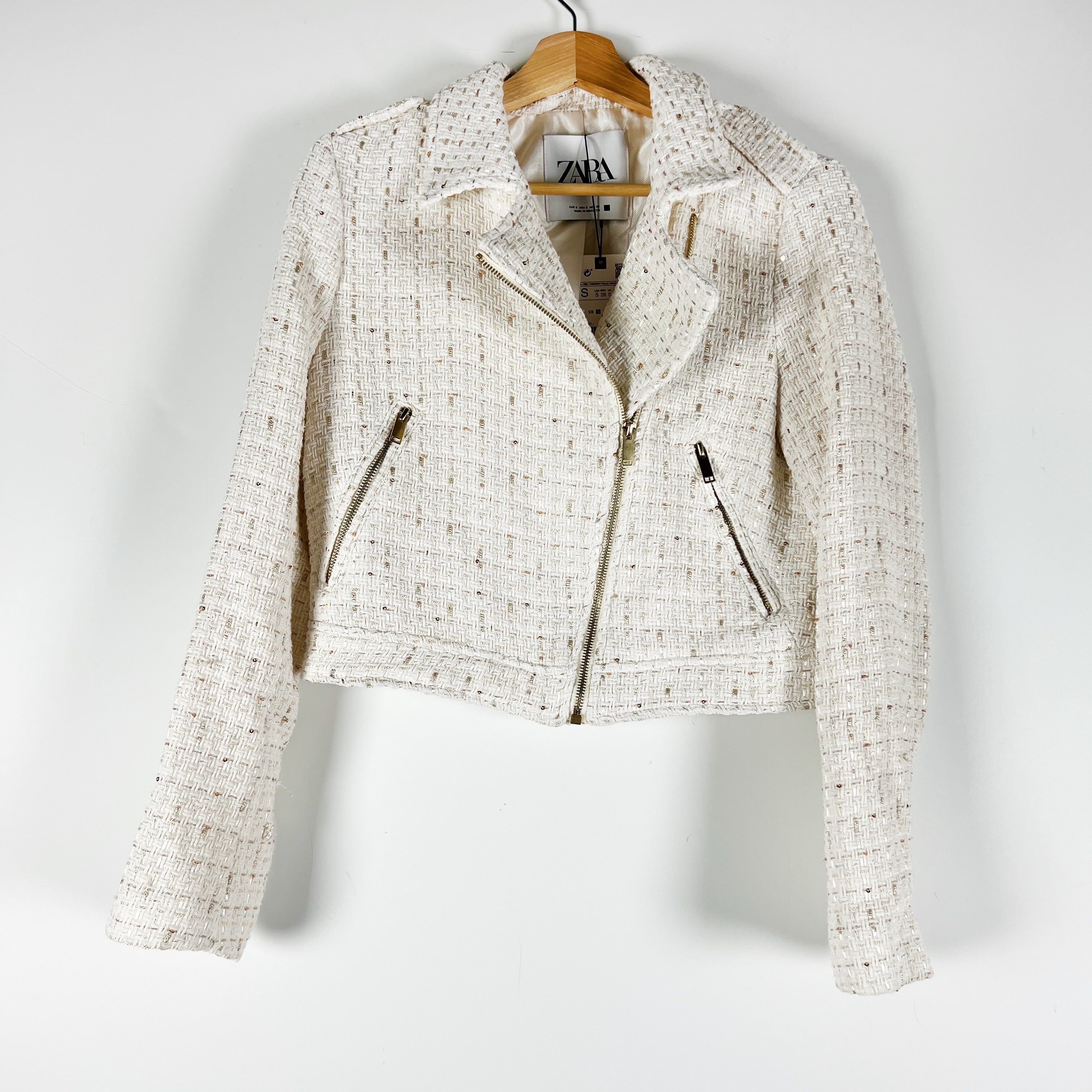 NEW Zara Cotton Blend Tweed Boucle Woven Textured Metallic Moto Jacket Ivory S