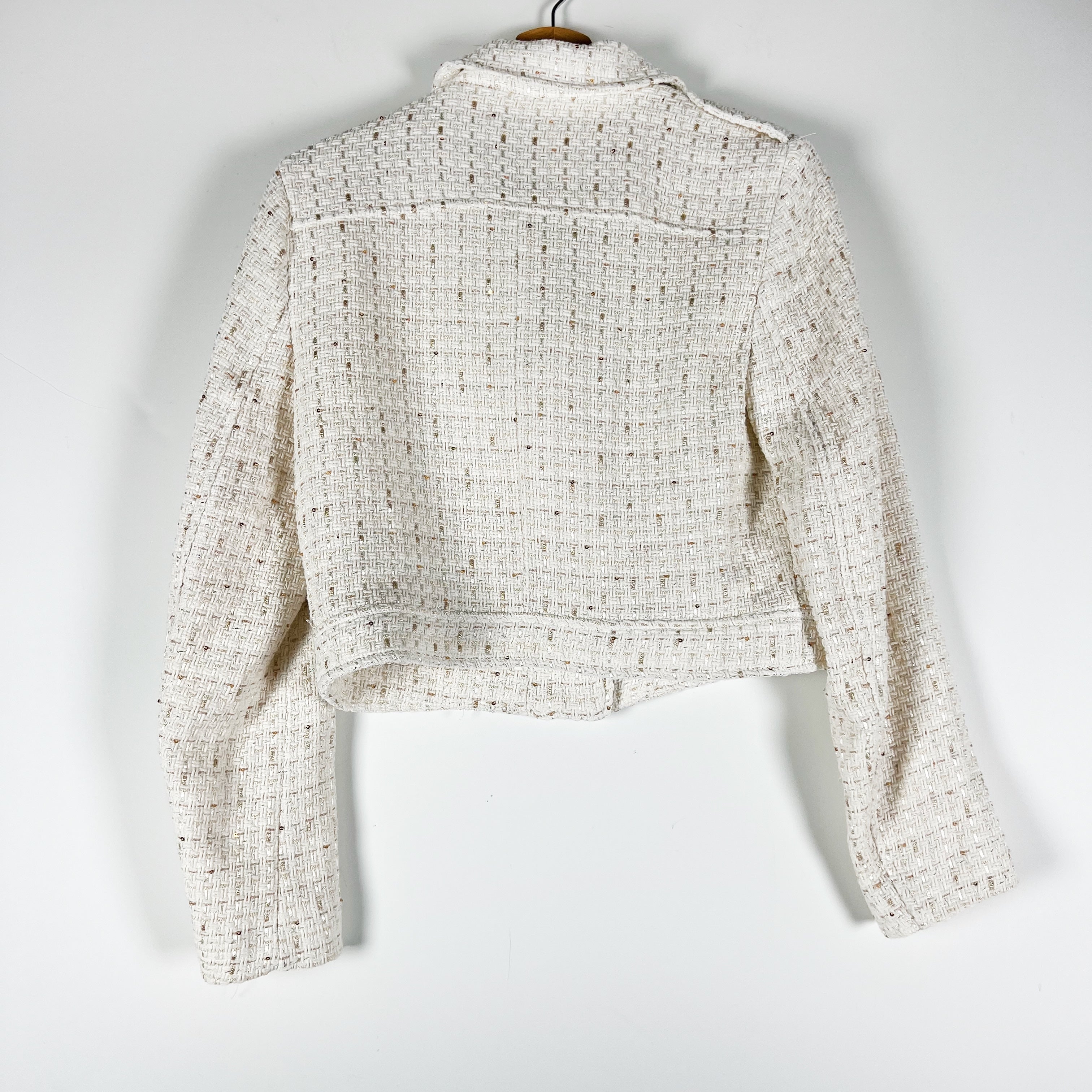 NEW Zara Cotton Blend Tweed Boucle Woven Textured Metallic Moto Jacket Ivory S