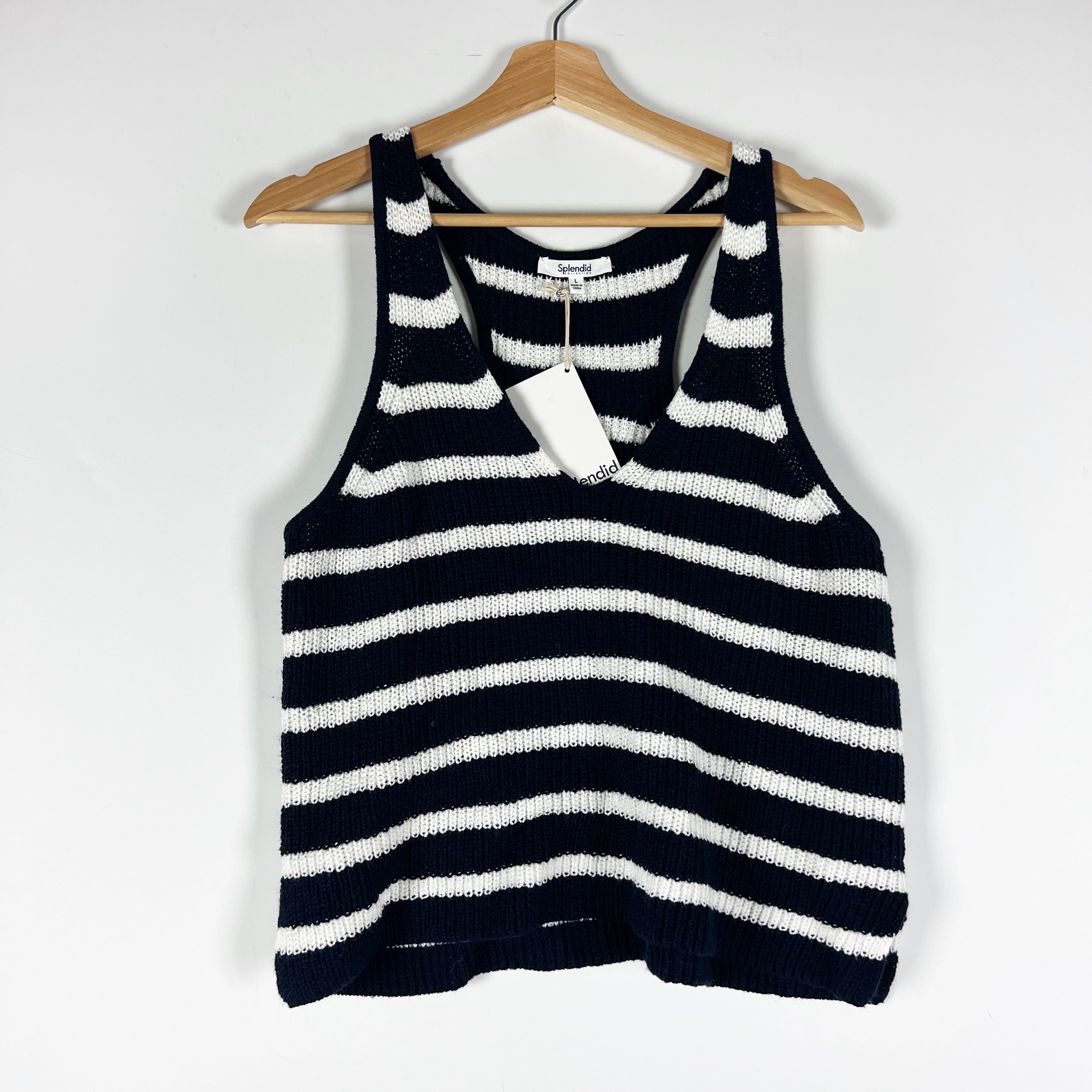 NEW Splendid Collection Cotton V Neck Sleeveless Sweater Knit Tank Top Navy L