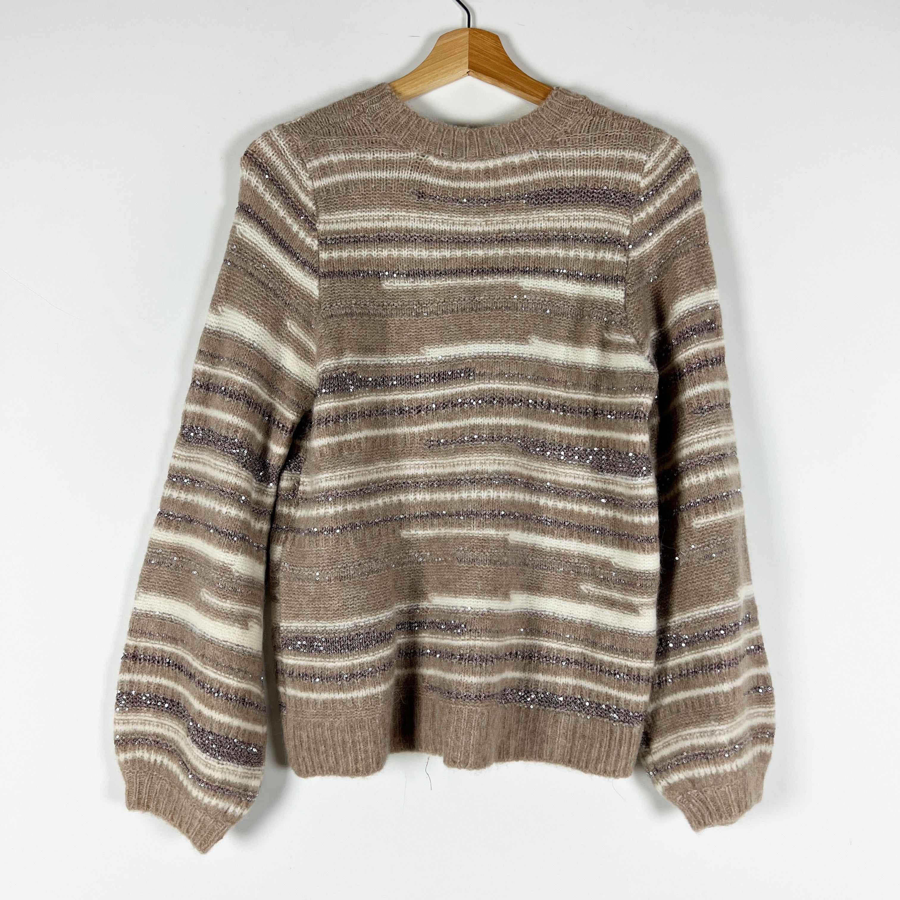 Sezane Hanane Wool Alpaca Blend Stretch Knit Sequin Embellished Sweater Neutral