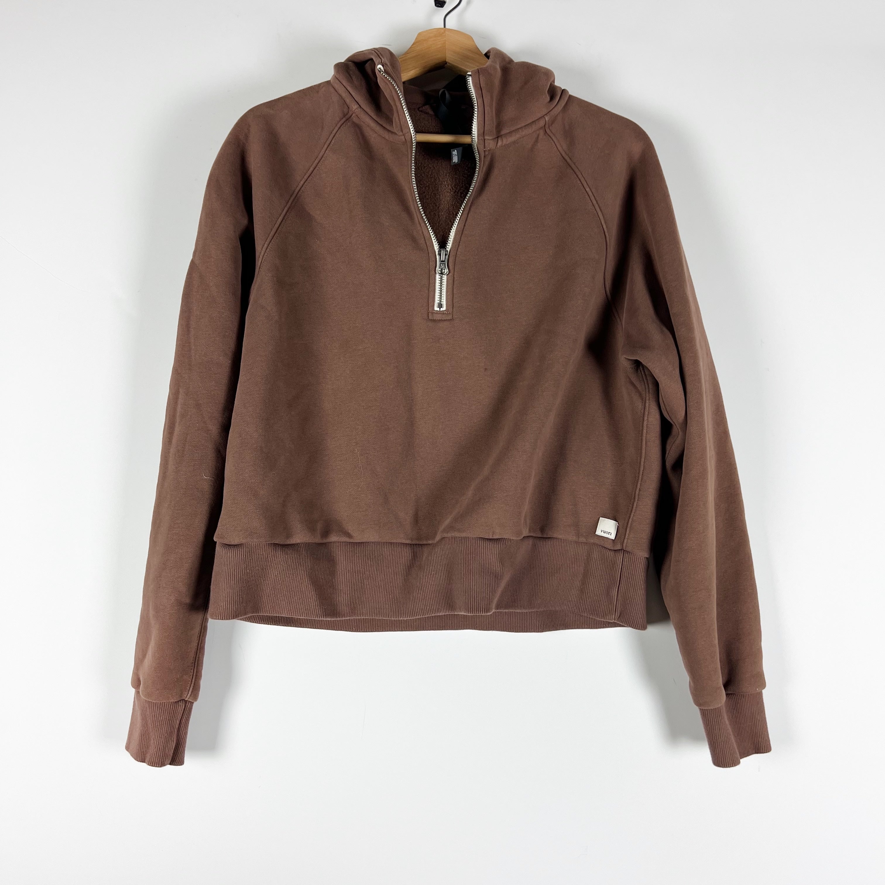 Vuori Women's Restore Half Zip Pullover Organic Cotton Fleece Lined Hoodie Brown