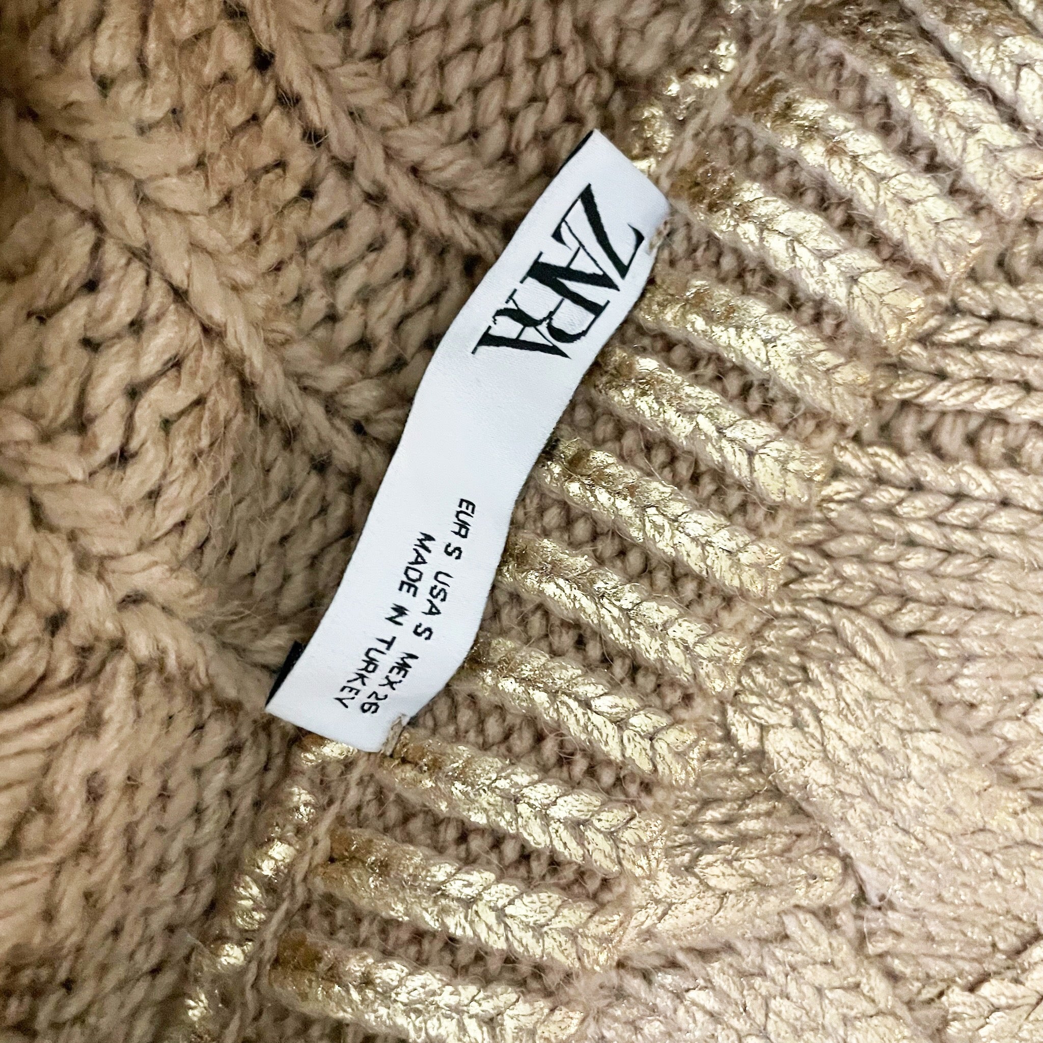 Zara Gold Metallic Sheen Cable Knit Stretch Button Front Cardigan Sweater Small