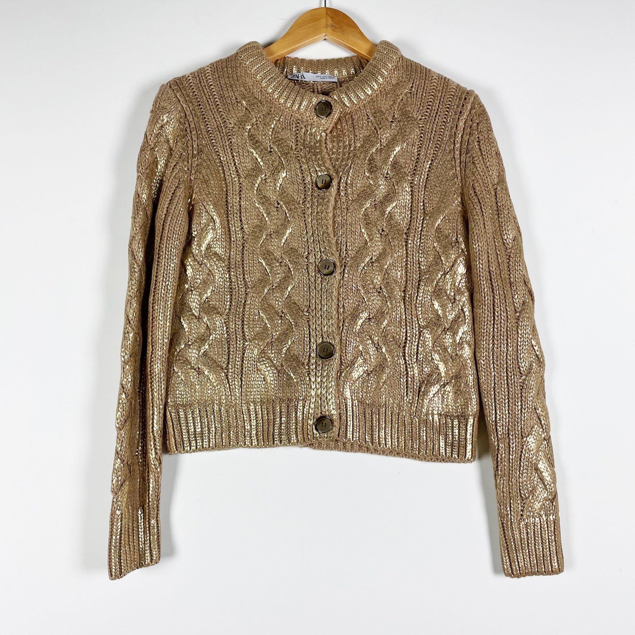 Zara Gold Metallic Sheen Cable Knit Stretch Button Front Cardigan Sweater Small