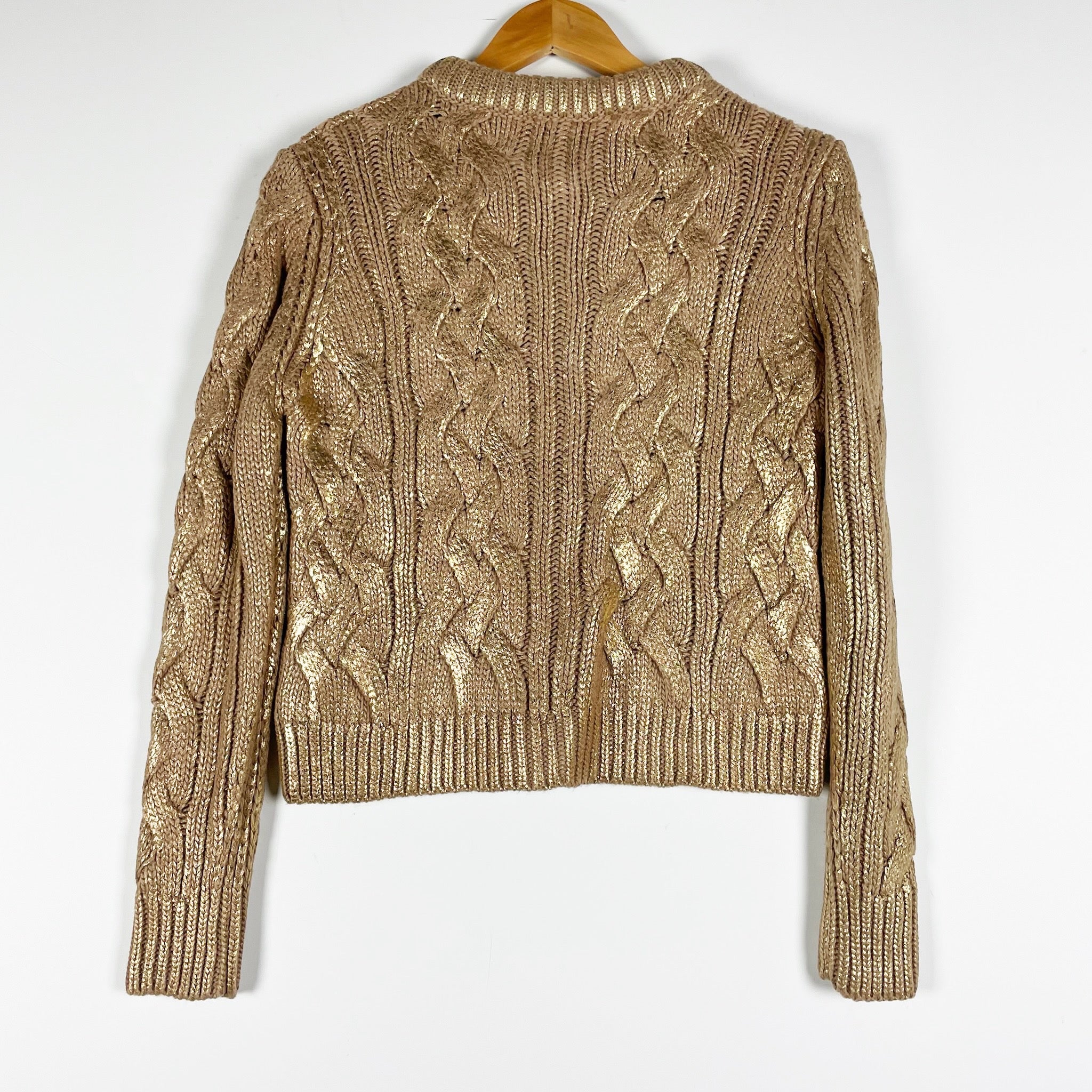 Zara Gold Metallic Sheen Cable Knit Stretch Button Front Cardigan Sweater Small