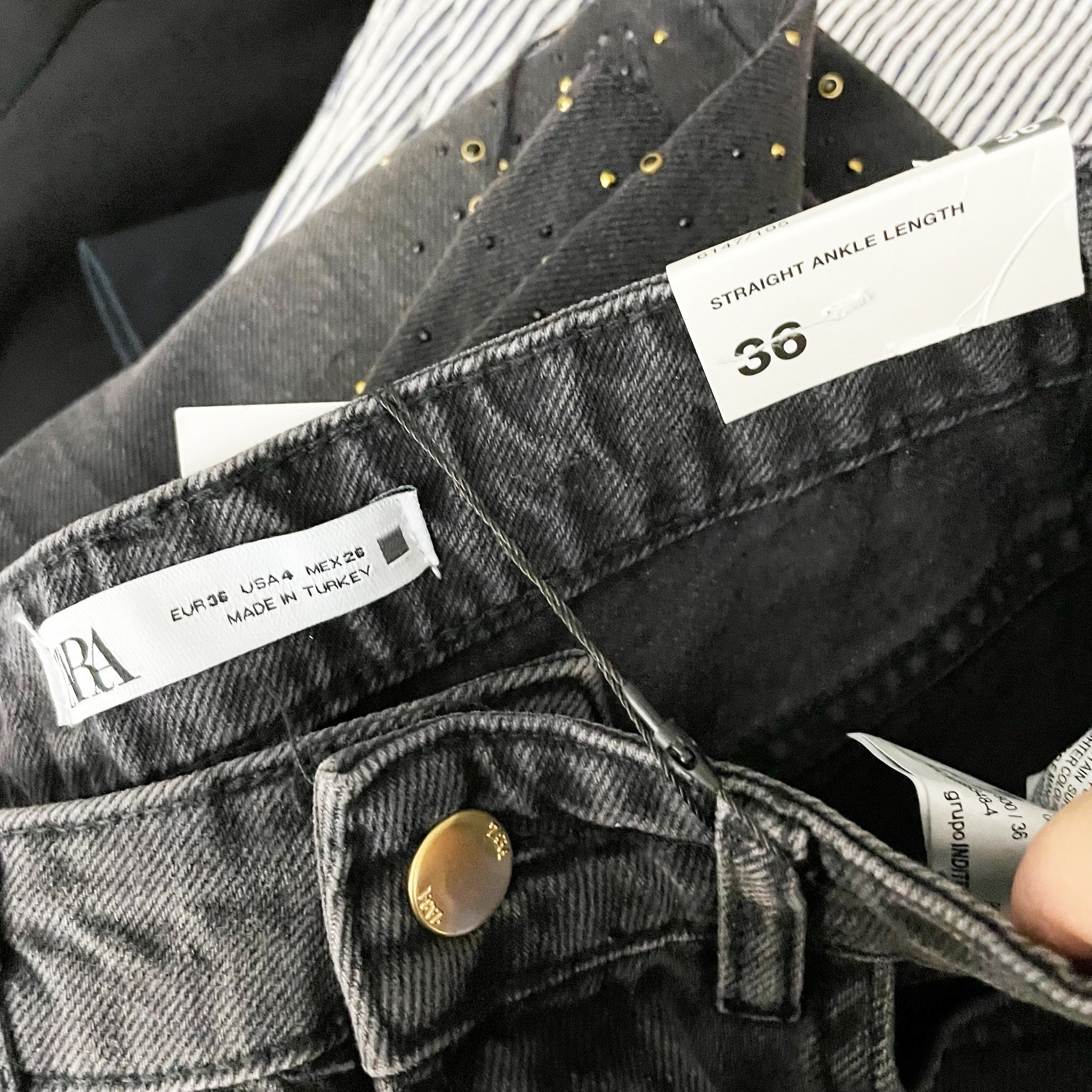 NEW Zara Cotton Denim Straight Ankle Length Studded Embellished Denim Jeans Gray