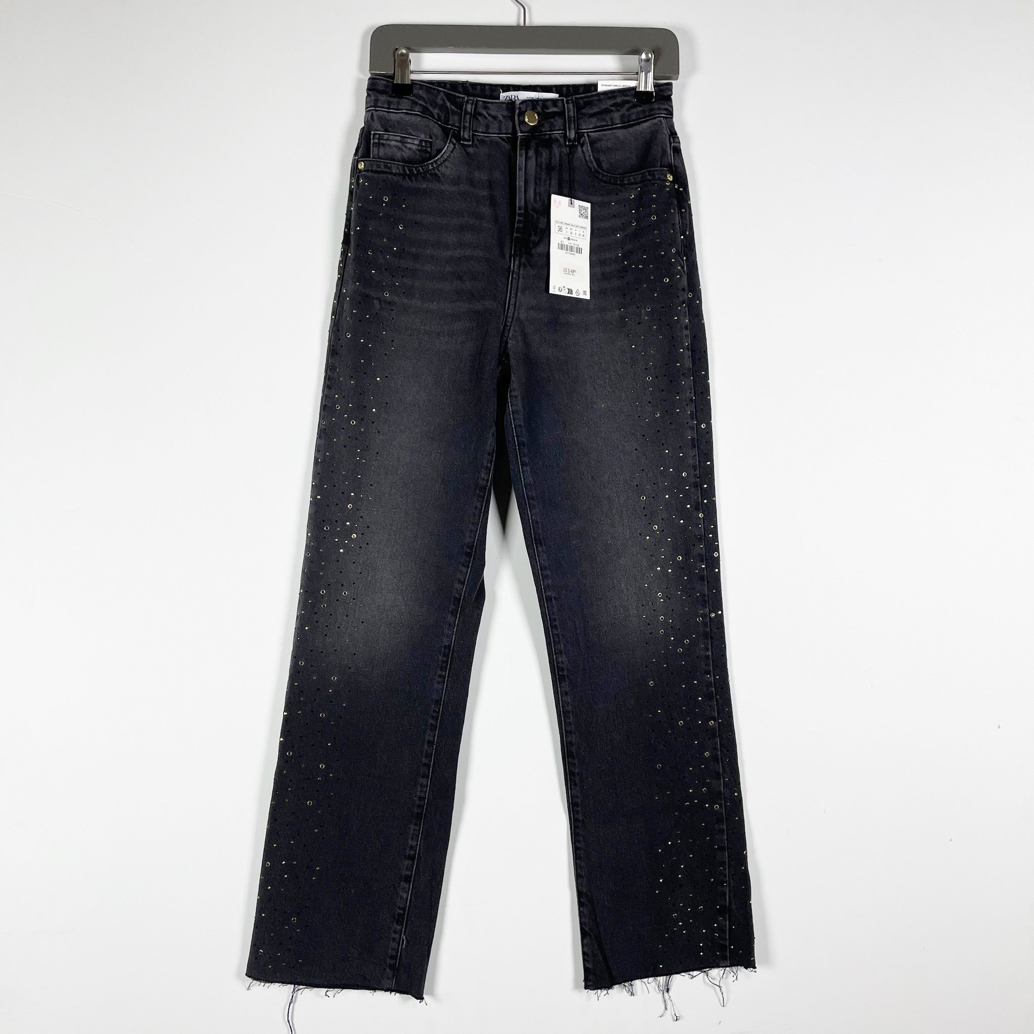 NEW Zara Cotton Denim Straight Ankle Length Studded Embellished Denim Jeans Gray