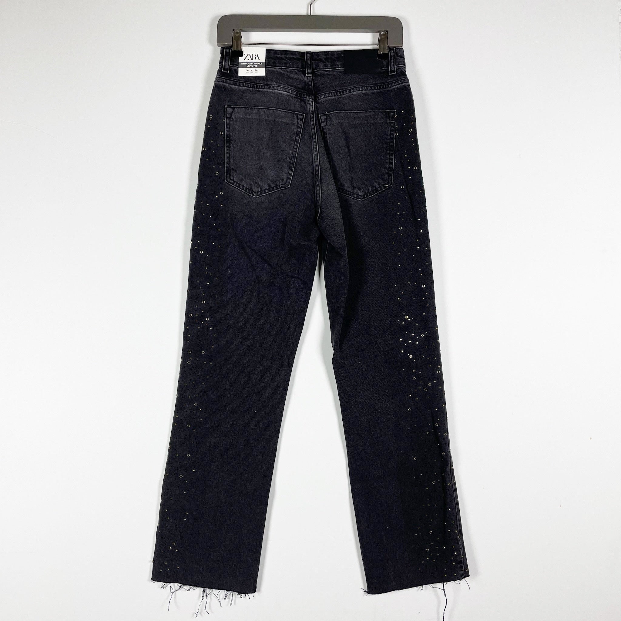 NEW Zara Cotton Denim Straight Ankle Length Studded Embellished Denim Jeans Gray