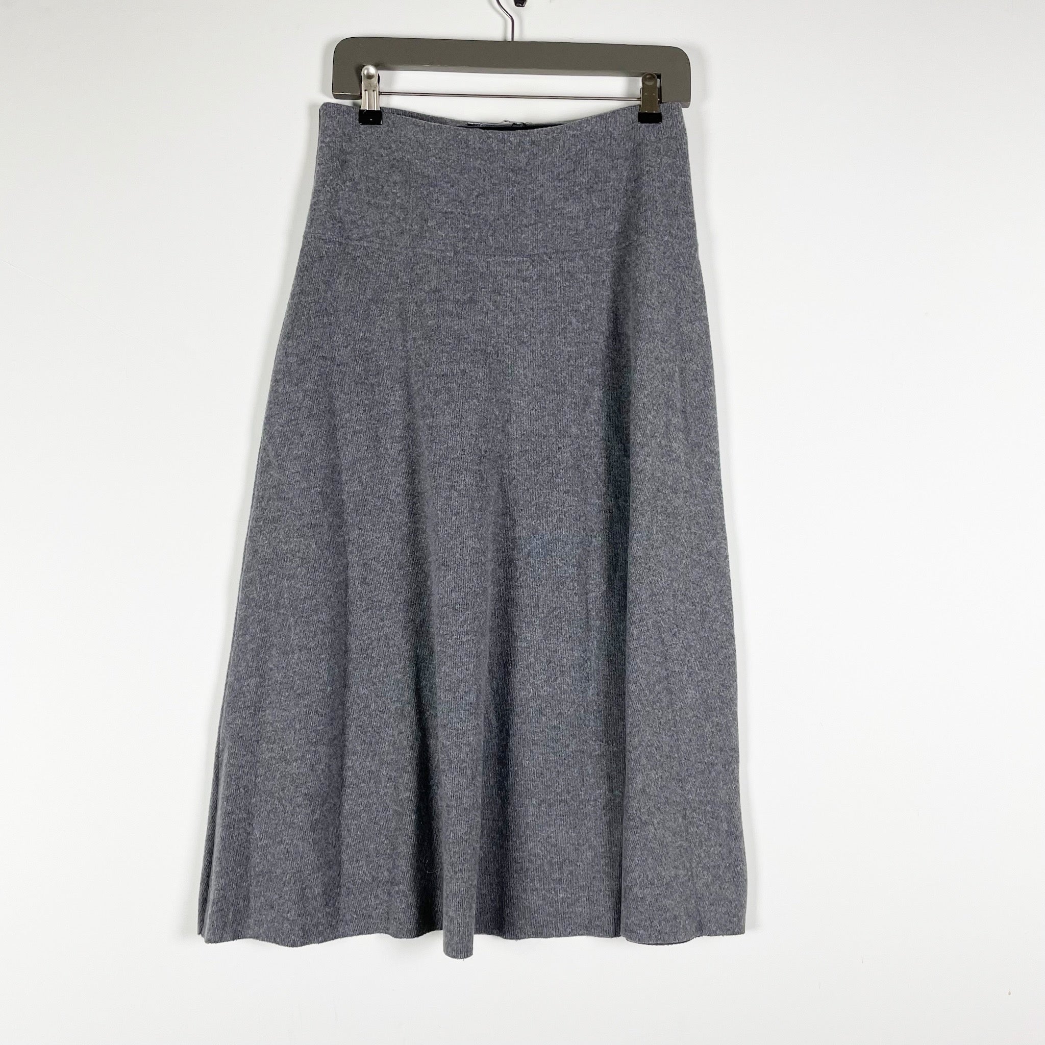 NEW Zara Cotton Blend Knit Stretch Raw Edge Hem Pull On Midi A Line Skirt Gray M