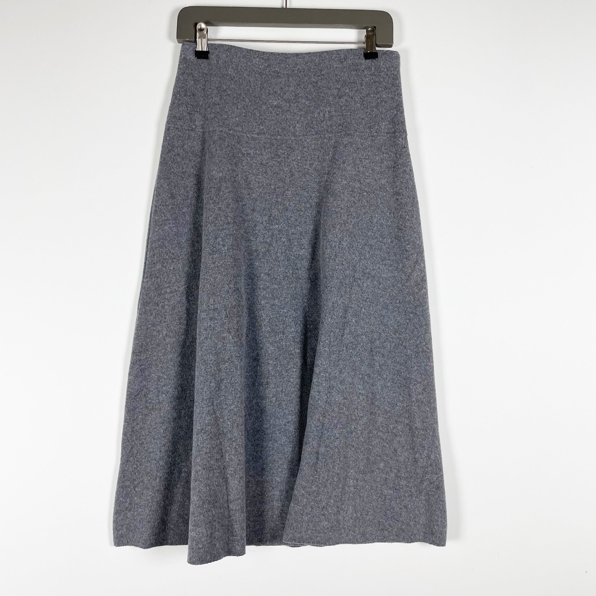 NEW Zara Cotton Blend Knit Stretch Raw Edge Hem Pull On Midi A Line Skirt Gray M