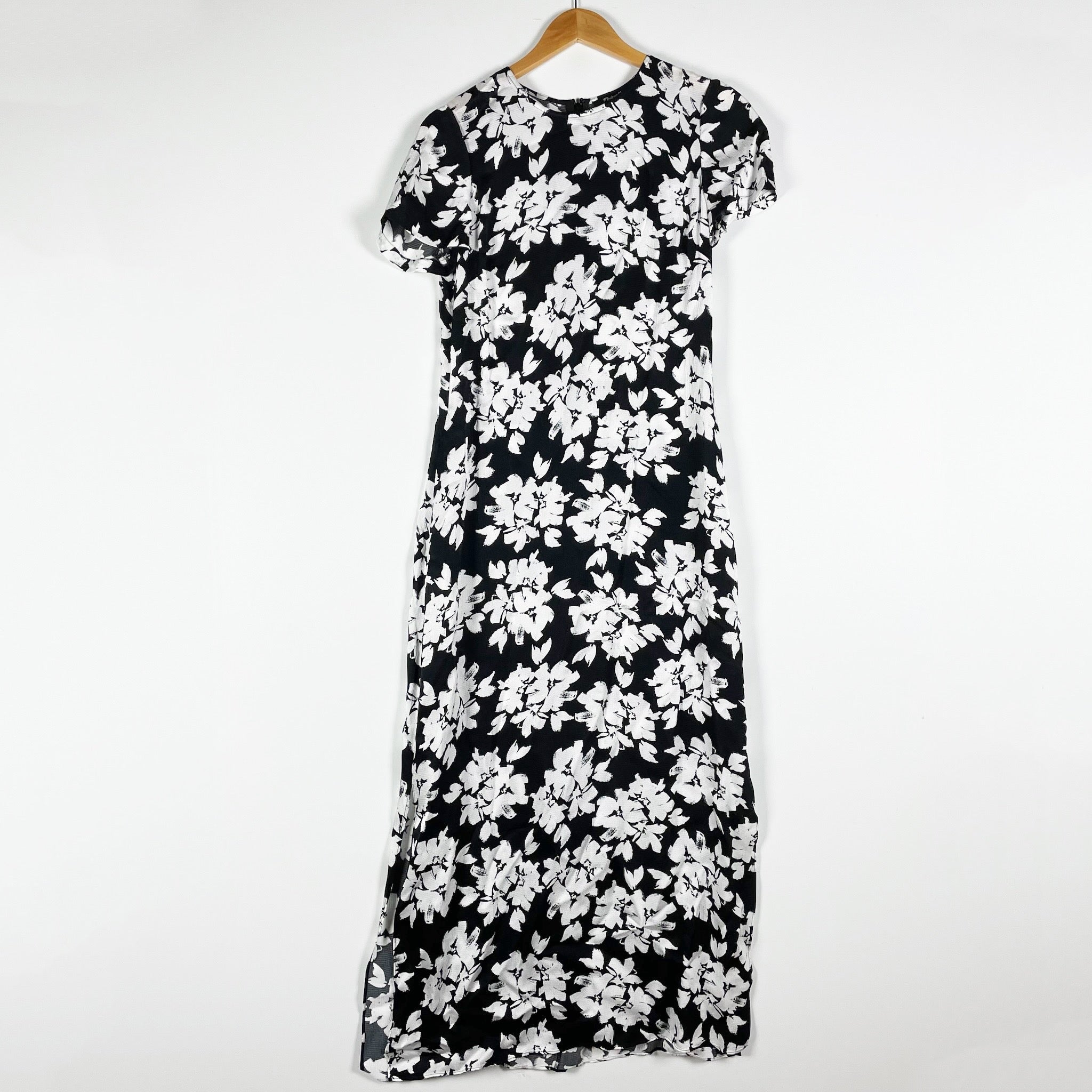NEW Madewell Maxi T-Shirt Dress In Floral Hammered Satin Lucia Black White Print